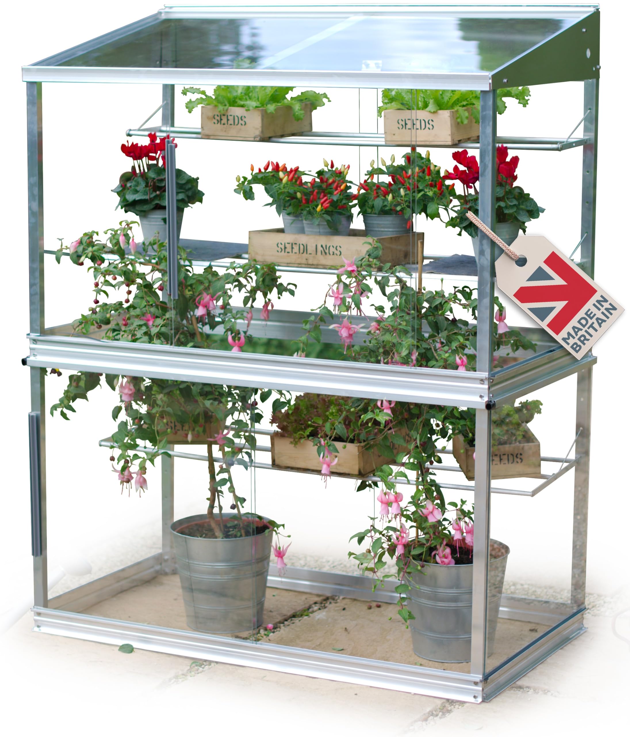Access Growhouse Mini Greenhouse, Sturdy Aluminium Cold Frame, Outdoor Small Green House for Gardens, Sliding Panes with Shelving for Easy Access & Ventilation, Toughened Safety Glass, Made in Britain