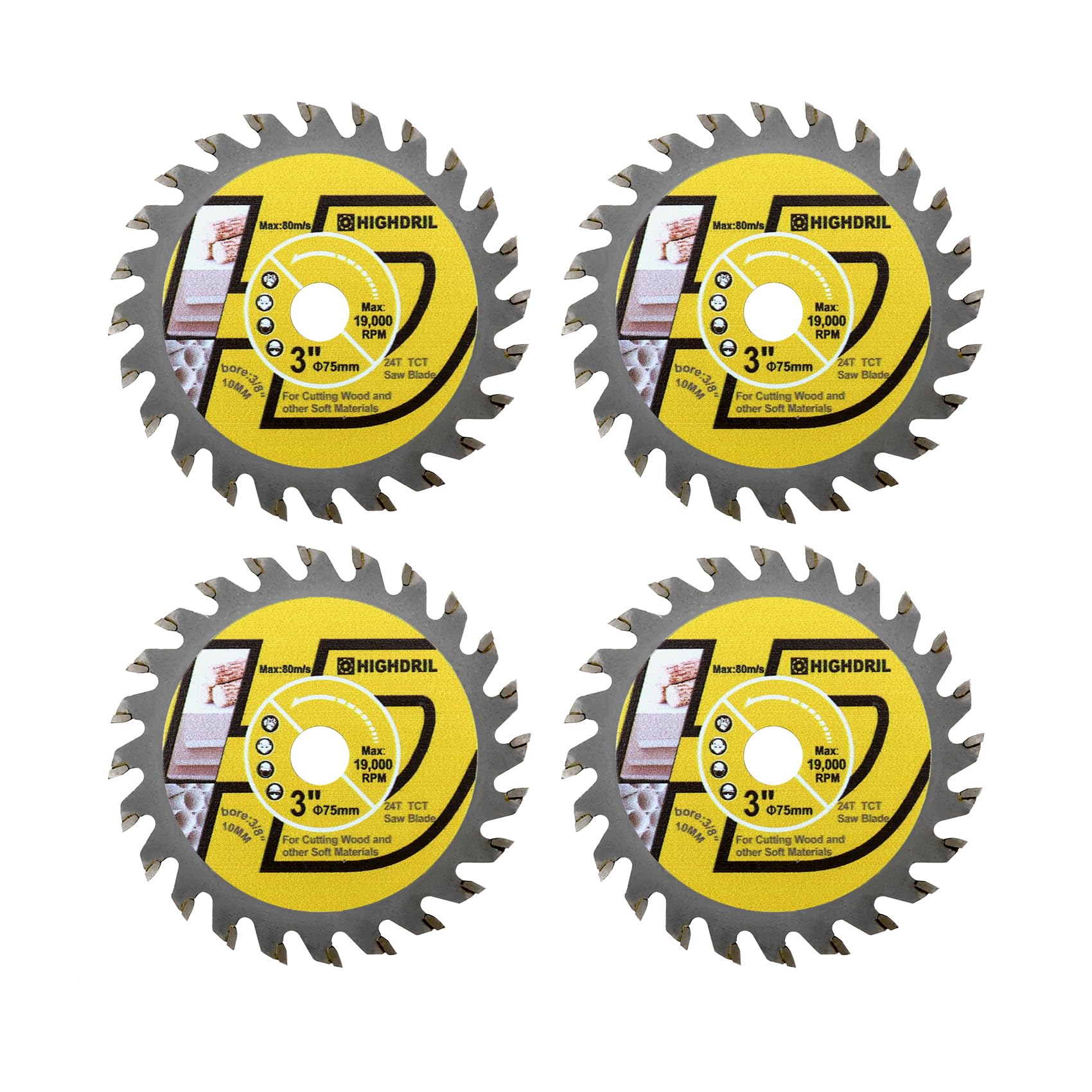 HIGHDRIL TCT Wood Blade 3" 75mm x Arbor 3/8" 10mm - 4pcs Angle Grinder Cutting Disc for Cutting Wood Plywood Chipboard Multilayer Panels