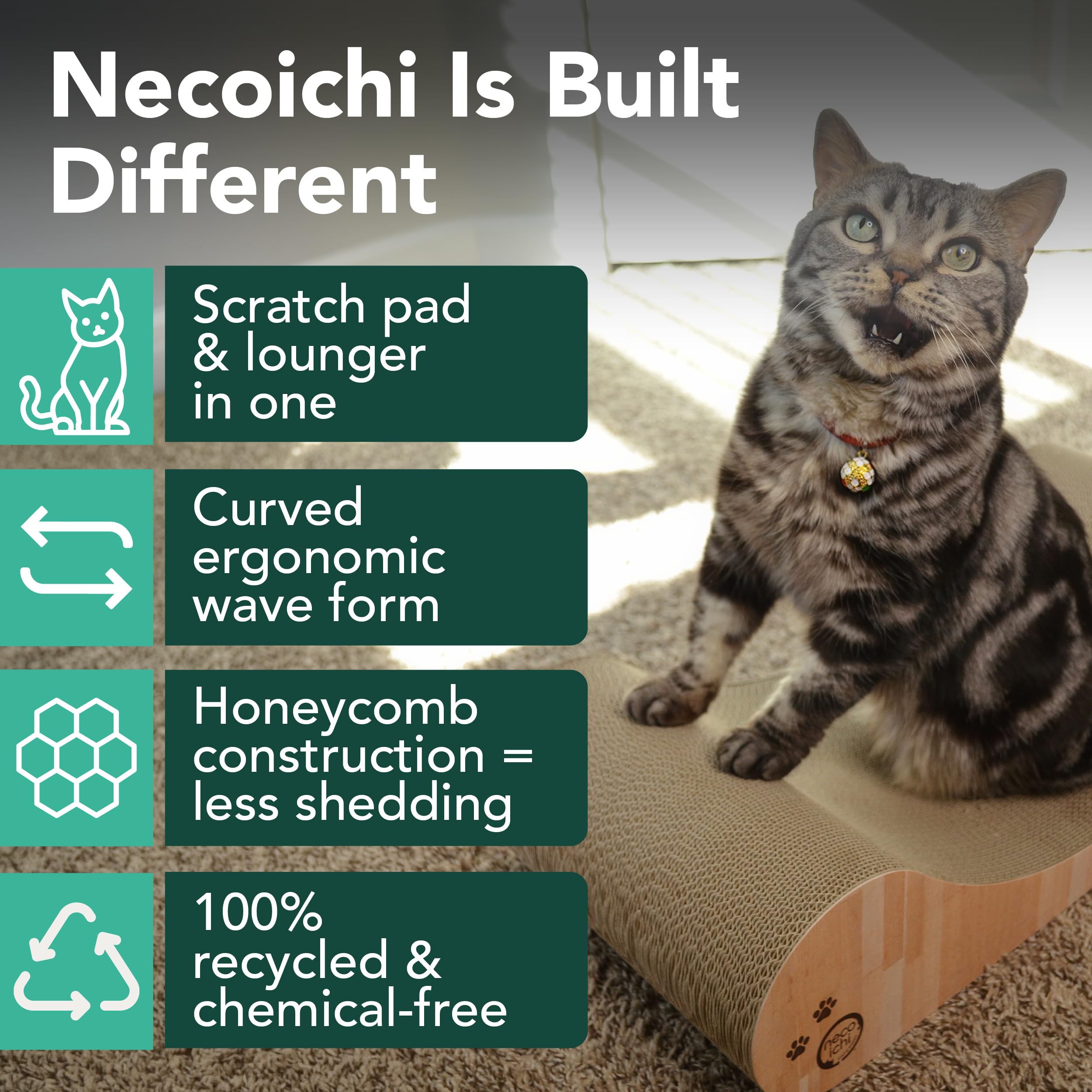 Necoichi Cama rascadora de cartón para gatos de interior, tabla de rascar para gatos, tumbona horizontal para gatos con uso reversible y comodidad adicional para descansar, curvada (23 pulgadas