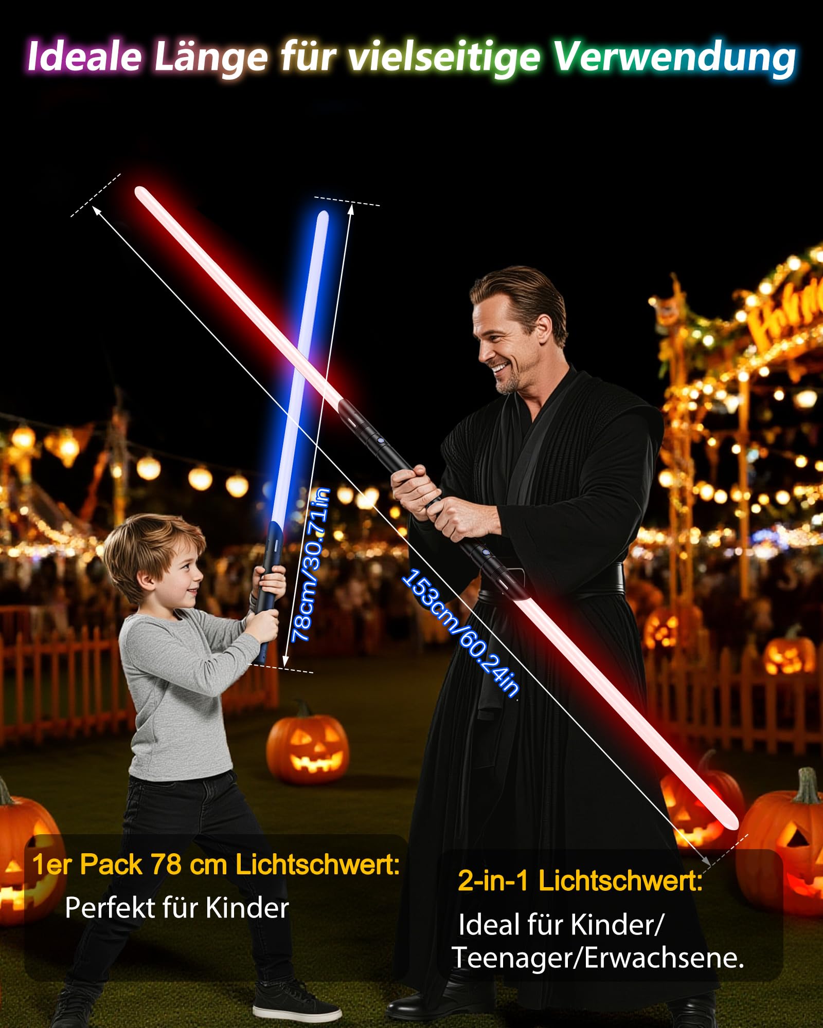 Lichtschwert, Doppelklinge Duell-Lichtschwert, 4 Sound-Fonts, 12 RGB Farben FX Metall Griff, Echtes Lightsaber 2er-Pack für Erwachsene/Kinder Geburtstag, Halloween Cosplay