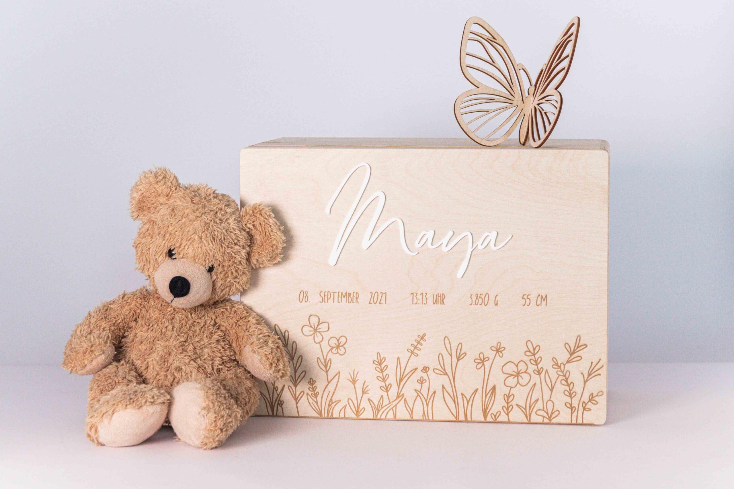 vonMia Erinnerungsbox Baby/Erinnerungskiste zur Geburt mit Blumenwiese – GRÖSSE M