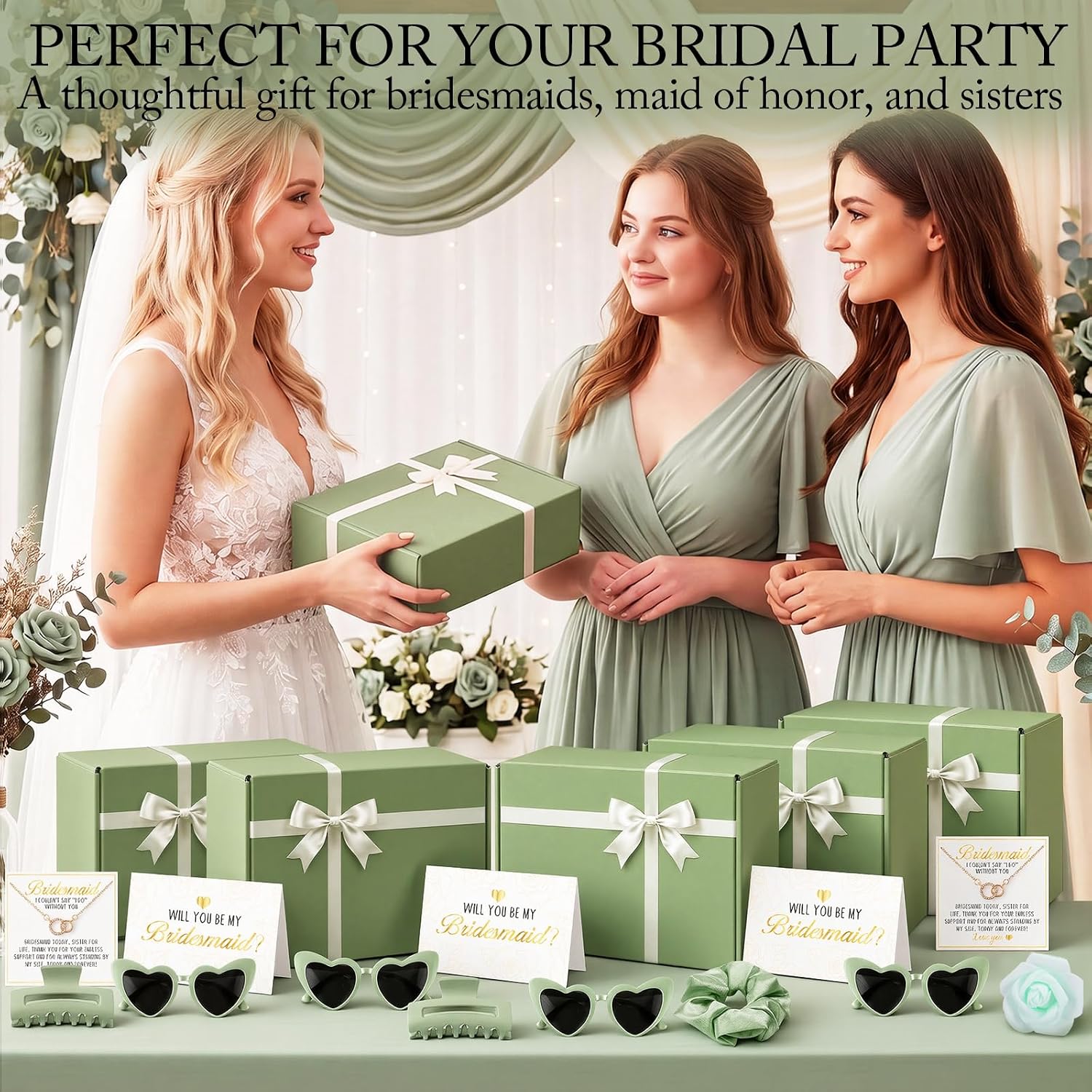 Junkin Bridesmaid Proposal Gifts Will You Be My Bridesmaid Box Set Maid of Honor Gift Bridal Shower Include 16 oz Glass Cup, Necklace, Jewelry Dish, Claw Clip, Rose, Sunglasses, Scrunchie(Sage Green)