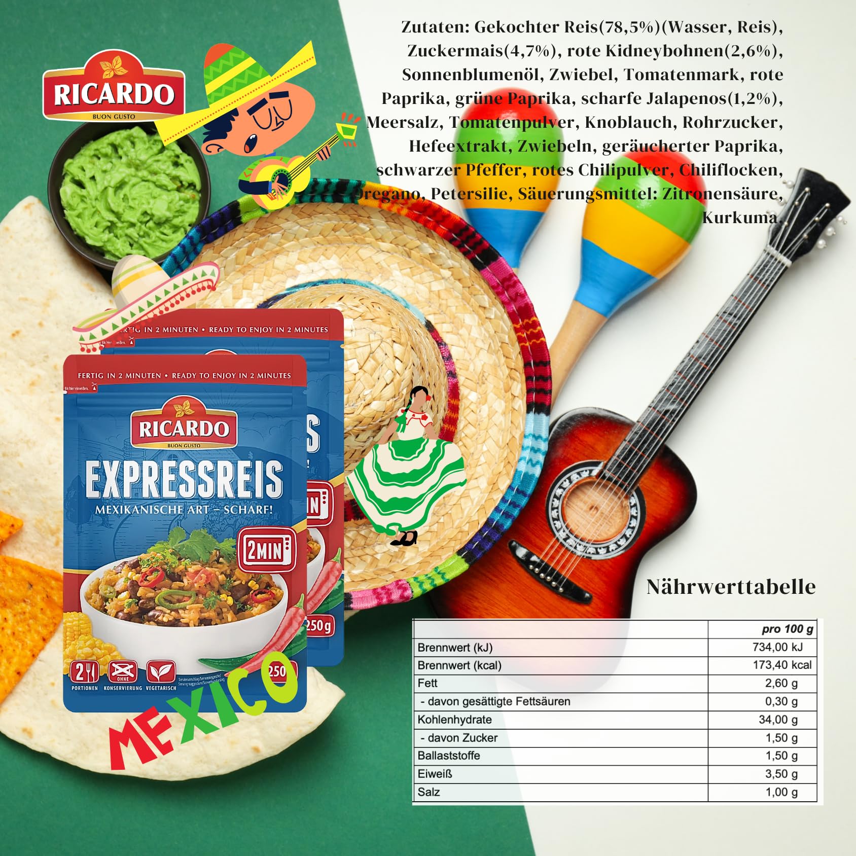 RICARDO Express Riso Messicano Piccante 16 x 250 g Preparazione Riso Preparato Piatti pronti Microonde/Padella in modo rapido e semplice