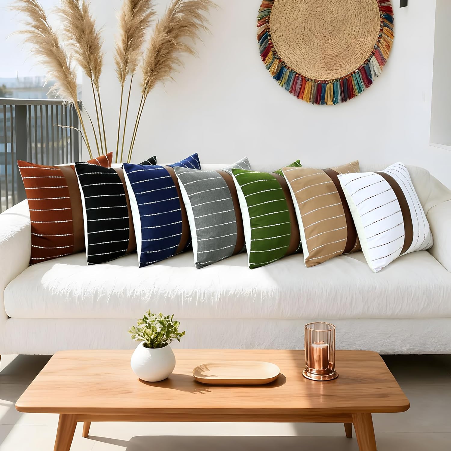 Farmhouse Decorative Pillow Cover, Stripe Patchwork Gray Linen and Brown Faux Leather Throw Pillow Covers 18x18 Inch Square Set of 2, Modern Accent Pillows for Couch Sofa Bed Living Room - Image 5