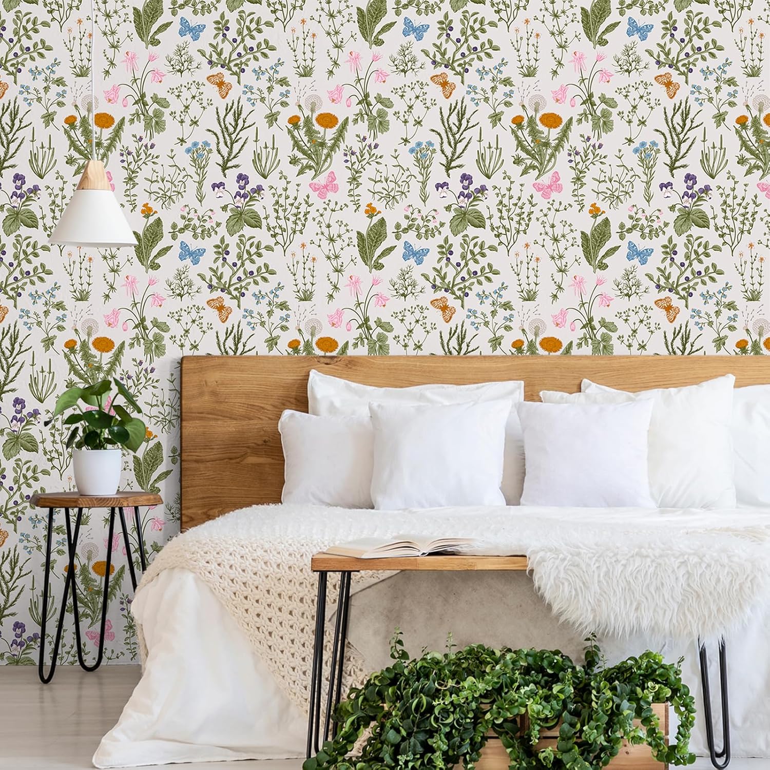 VEELIKE 17.7''x118'' Botanical Herbs Floral Wallpaper Mural Vintage Butterfly Wildflowers Floral Peel and Stick Wallpaper Removable Self Adhesive Decorative Contact Paper for Bathroom Walls Cabinets