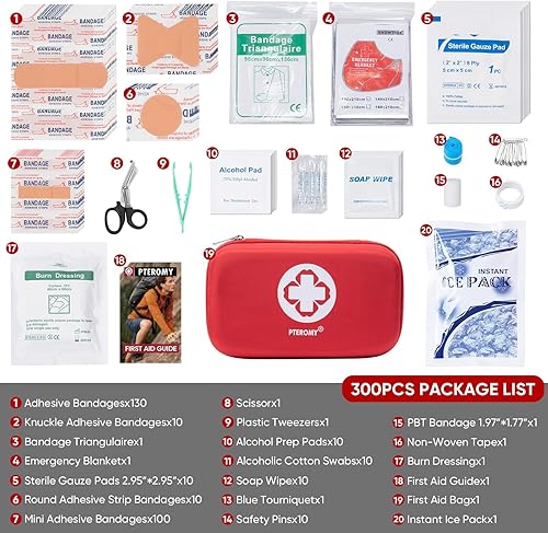 Miniatura 3 de PTEROMY Kit de primeros auxilios de 300 piezas, kits de emergencia pequeños portátiles, kit compacto de primeros auxilios con estuche de