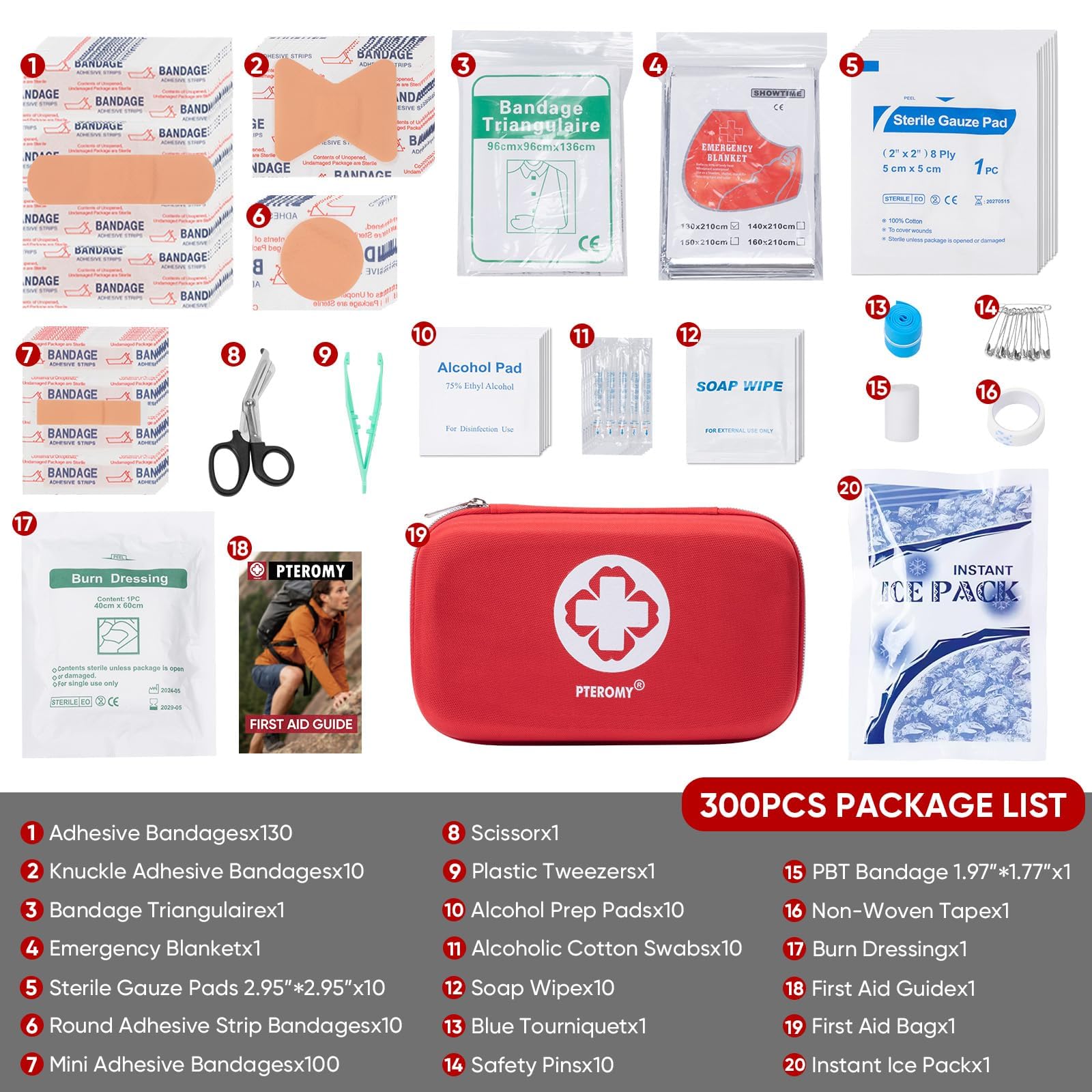 PTEROMY 300-teiliges Erste-Hilfe-Set, tragbare kleine Notfall-Kits, kompaktes Erste-Hilfe-Set mit hartem Aufbewahrungskoffer für Auto, Reisen, Zuhause, Camping, Outdoor, Wandern