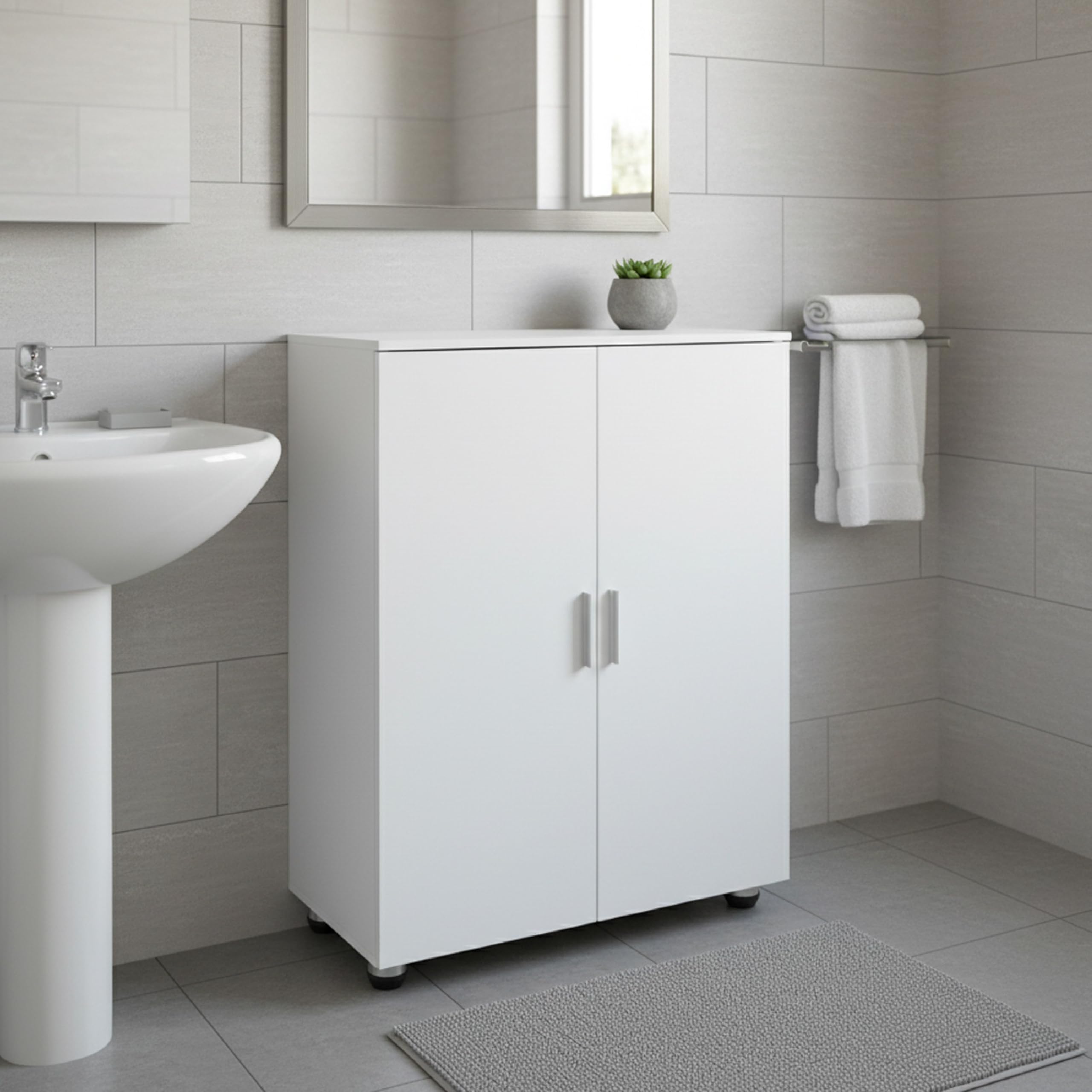 Baroni Home Mobile Bagno a 2 Ante con 3 Scomparti Interni, Armadietto Salvaspazio in MDF con Maniglie e Piedi in Acciaio, Mobile Multiuso per Bagno e Lavanderia, 30x60x82 cm (Bianco)