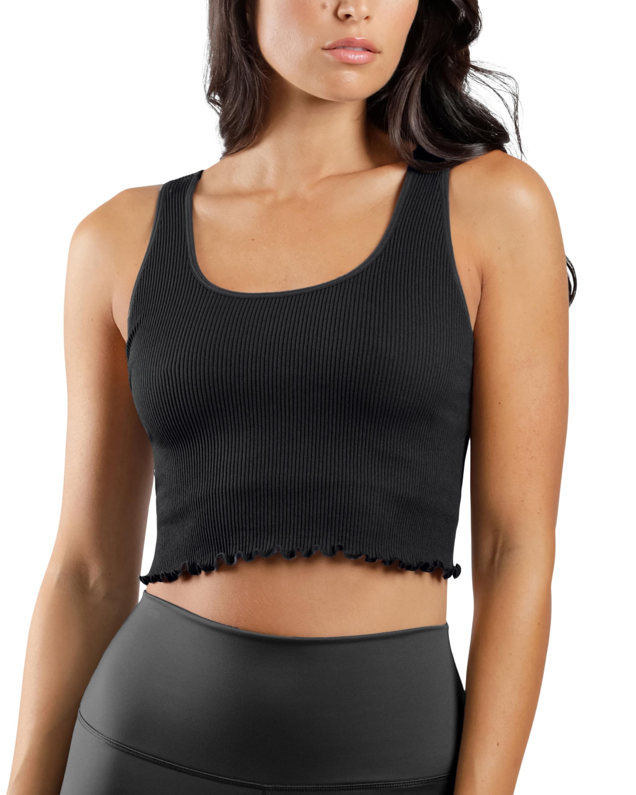 90 Degree By Reflex Ribbed Lettuce Edge Cropped Tank Top Long Line Bra -2 Pack Black/Black - X Large