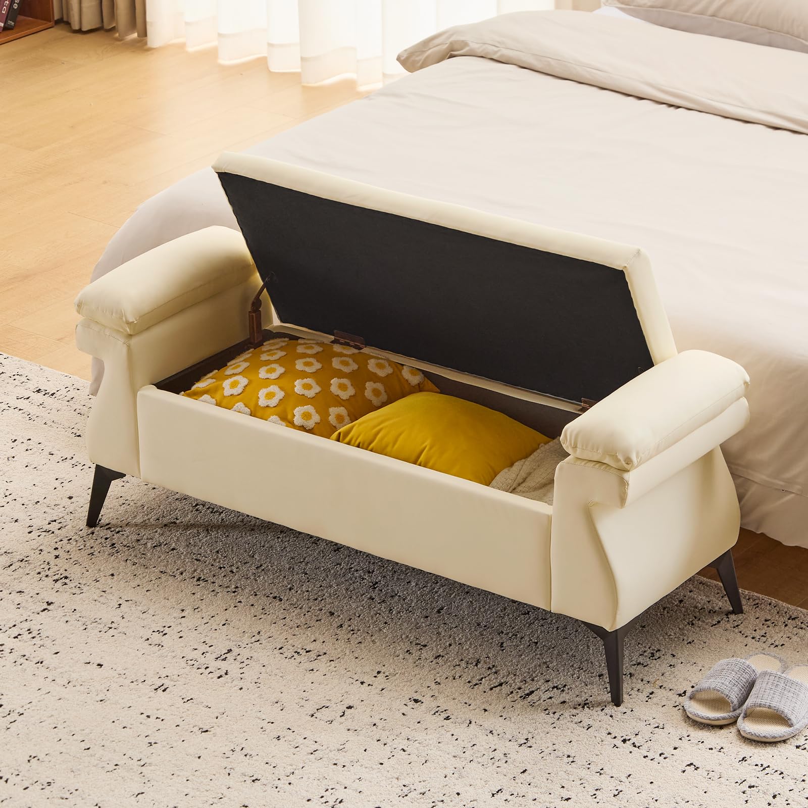Panca Contenitore Camera da Letto 128x44x53cm, Panca Fondo Letto Matrimoniale, Cassapanca Pouf Organizzatore Ottomano in Pelle PU per Camera da Letto Soggiorno Ingresso, Beige