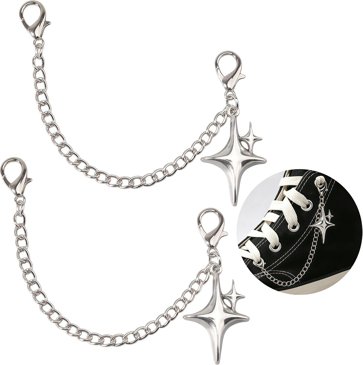 Silver Boots Chains with Star Charms, Y2k Metal Shoe Decor Accessories,2Pcs