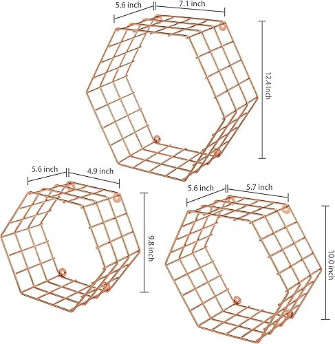 Miniatura 3 de MyGift Estantes hexagonales flotantes de cobre, estante hexagonal de alambre en tono de cobre montado en la pared, juego de 3