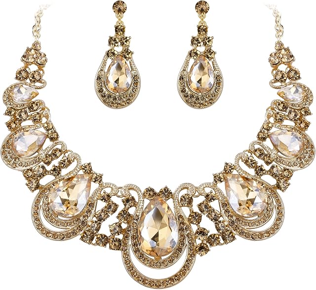 BriLove Costume Ensemble de bijoux de mode pour femmes cristal Teardrop Hollow Scroll déclaration Collier Dangle Boucles d'oreilles
