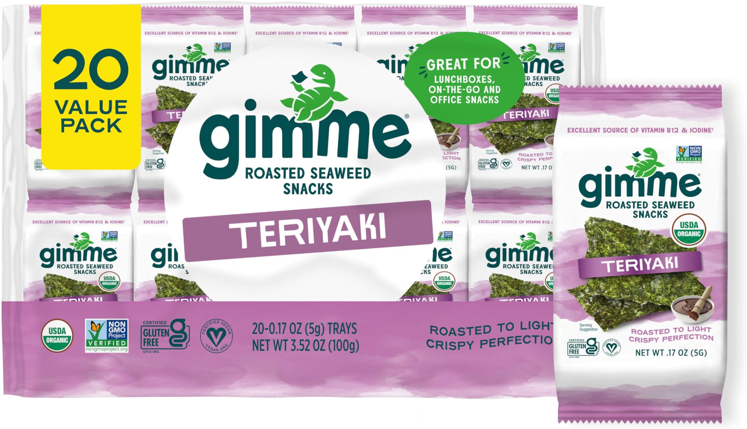 Gimme Seaweed Organic Premium Roasted Seaweed Snacks, Teriyaki, 20 Count, Keto, Vegan, Gluten-Free, Great Source of Omega3s and Iodine, Healthy On-The-Go Snack for Kids and Adults
