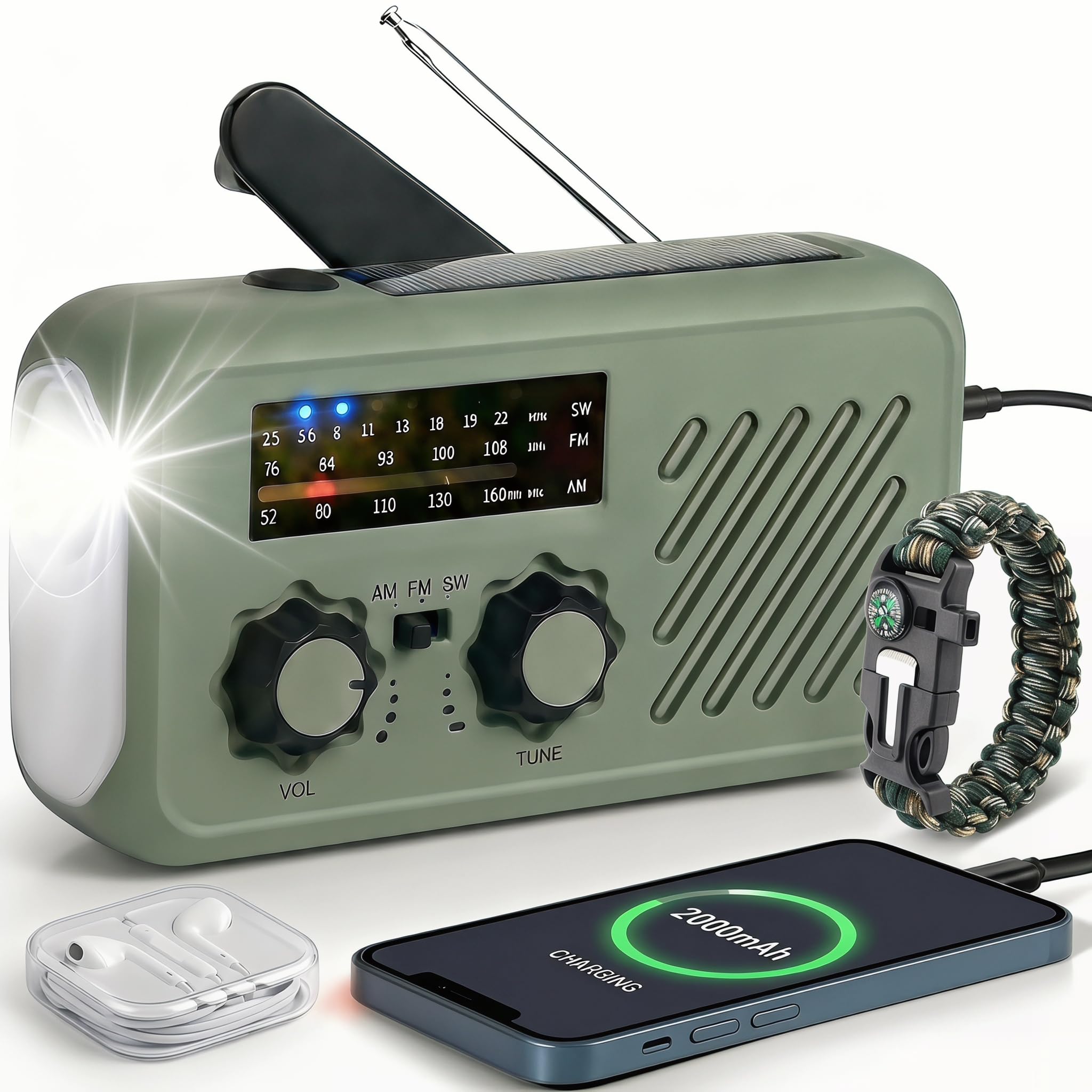 Radio di emergenza, ricarica a 3 vie Radio di emergenza, 2000mAh Radio di sopravvivenza professionale ricarica a 3 vie (solare/manovella/USB) Radio AM/FM con allarme SOS Torcia LED incluso Power bank