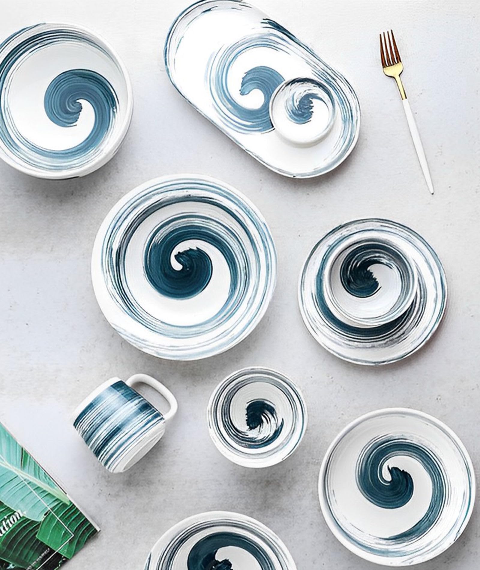 Müslischüssel-Set, 400 ml, Suppenschüsseln, mikrowellengeeignet, Frühstücksschalen, Reisschalen, Keramik-Müslischalen (Blau und Weiß, 4 Stück)