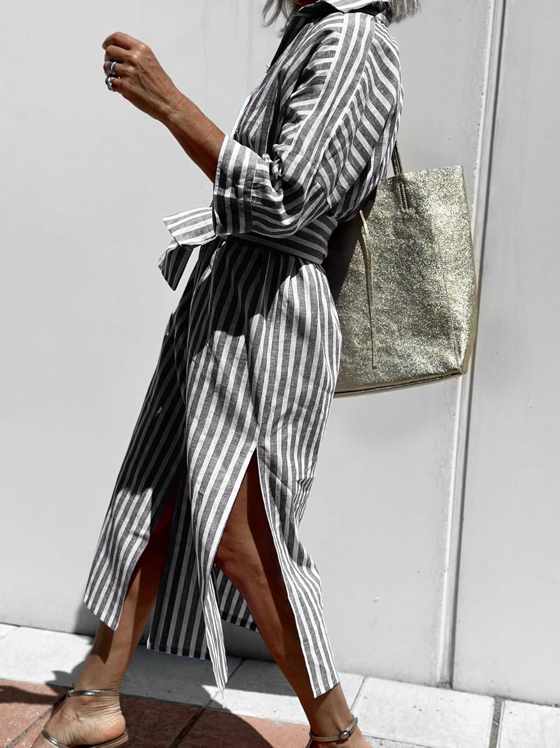 utcoco Womens 2026 Shirt Dress Casual Lapel 3/4 Sleeve Button Down Split Belted Vacation Maxi Dress - Image 5