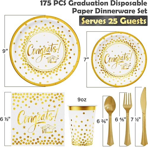 Miniatura 2 de Suministros de fiesta de graduación blanco y dorado, 175 piezas de vajilla desechable de felicitaciones graduadas (Severs 25) platos de papel blanco