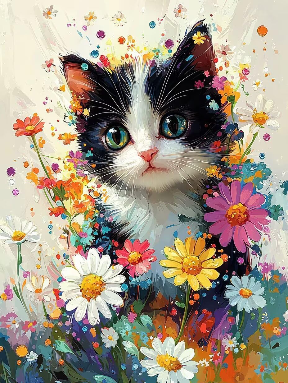 WEISHIWE Malen nach Zahlen Erwachsene Blumen mit Katze, 70x90cm x-417 | Handgemalt Ölgemälde Kit für Mädchen Jungen ab 7 8 9 Jahre, Rahmenlos, für die Wanddekoration zu Hause, DIY Acrylmalerei