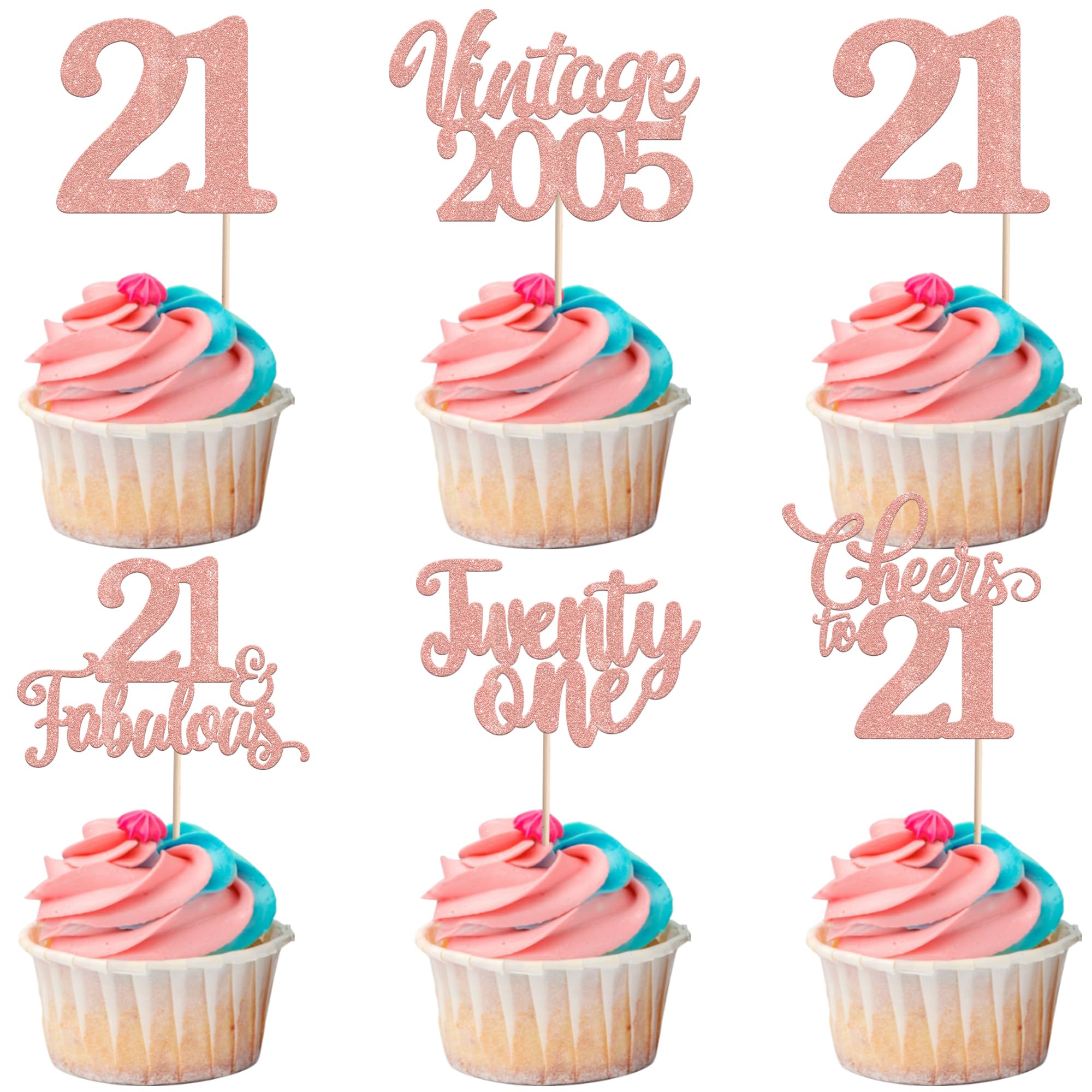 30 Pack Happy 21st Birthday Cupcake Toppers Glitter Hello 21 Twenty One Vintage 2005 Cupcake Picks Cheers to 21 Party Decorations for 21st Birthday Anniversary Party Cake Decorations Rose Gold