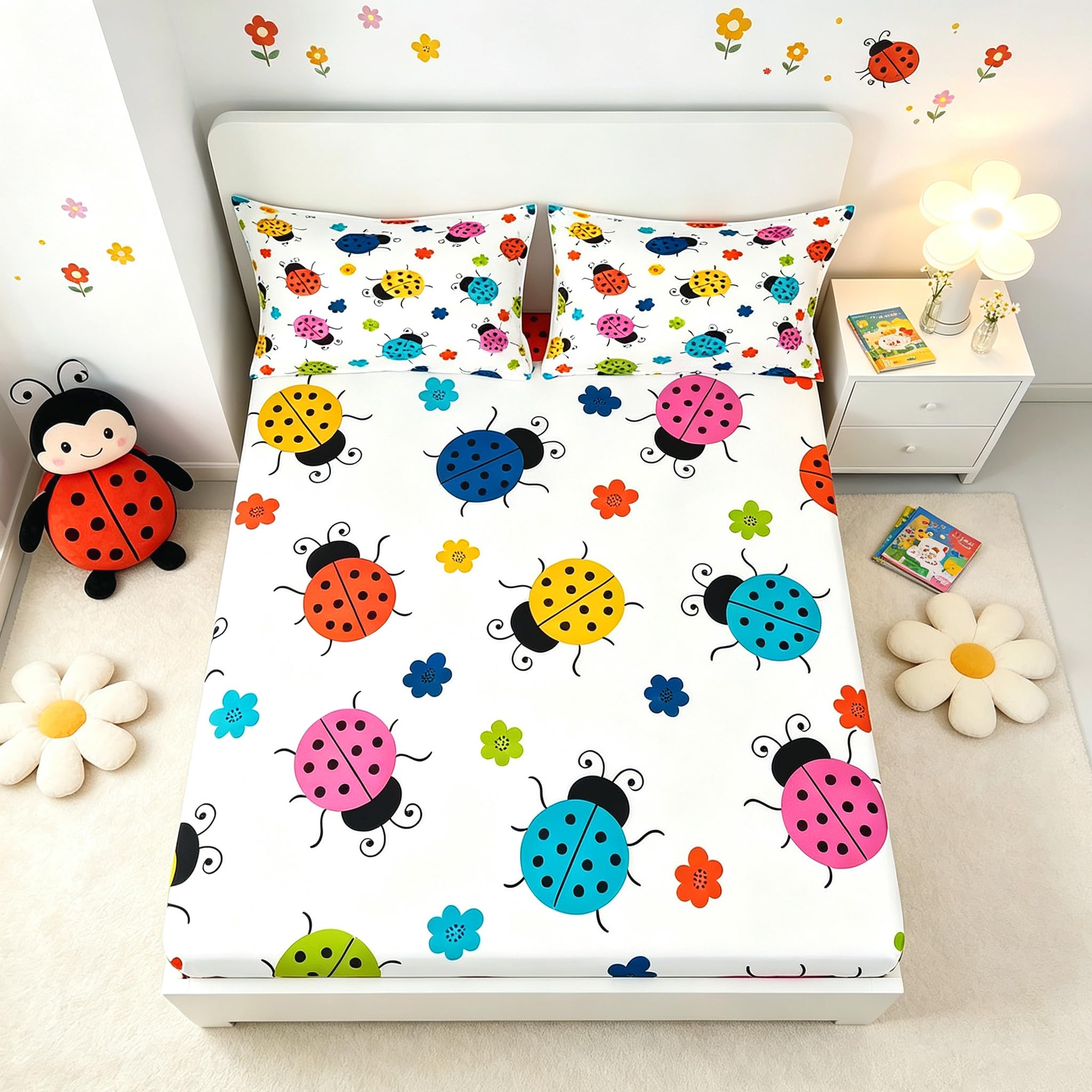 Castle Fairy Set di biancheria da letto per bambini e ragazzi, motivo coccinella, motivo floreale ad acquerello e animali, lenzuolo con angoli, decorazione entomologica, 2 pezzi, 1 copripiumino e 1