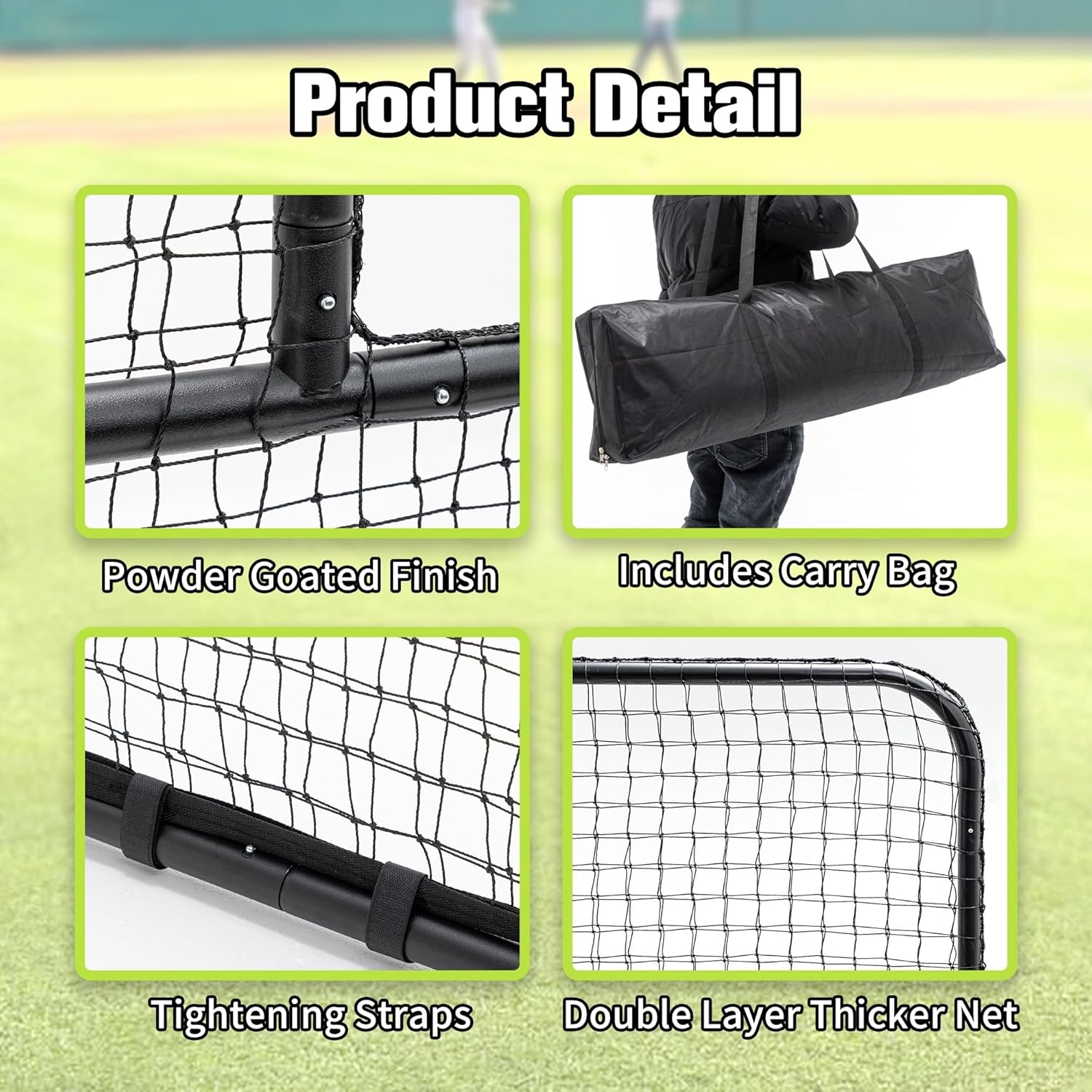 L-Shaped Baseball Net for Batting Cages, Baseball Pitching Net with Wheels - 84''H x 84''W, with 42'' x 42'' Cutouts, Include Carry Bag
