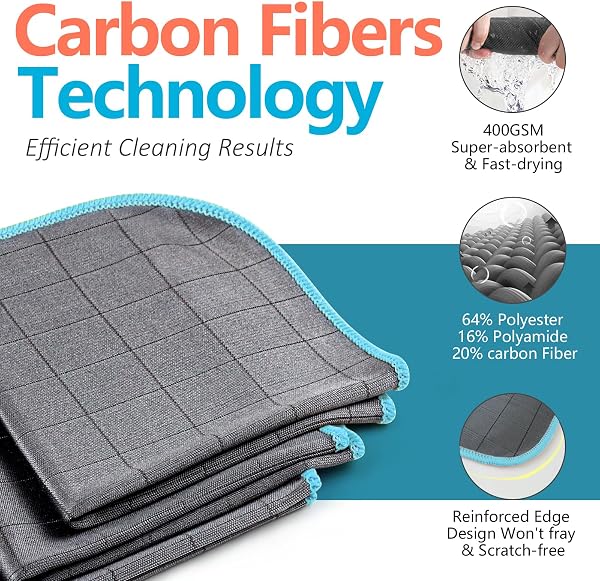 Airlab Carbon Microfiber Towels for Car Glass Window Polishing Cleaning Cloth Auto Detailing Lint Free Streak Free Drying Car Wash Large Towel, Pack of 3, 12" x 12", Grey-Blue - 2
