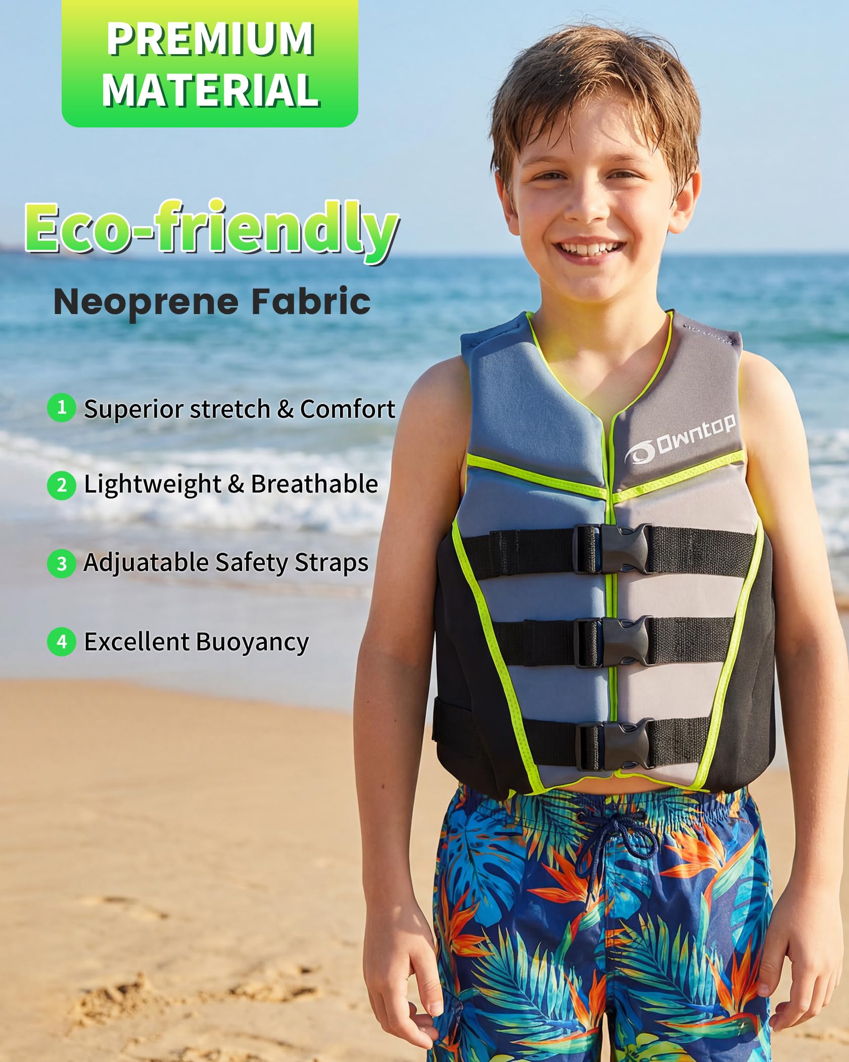 Owntop Aide à la Flottabilité pour Juniors et Enfants, Gilet de Natation en Néoprène avec Triples Sangles de Sécurité Réglables, Gilet de Flottabilité Léger pour Kayak, Paddle, Bateau