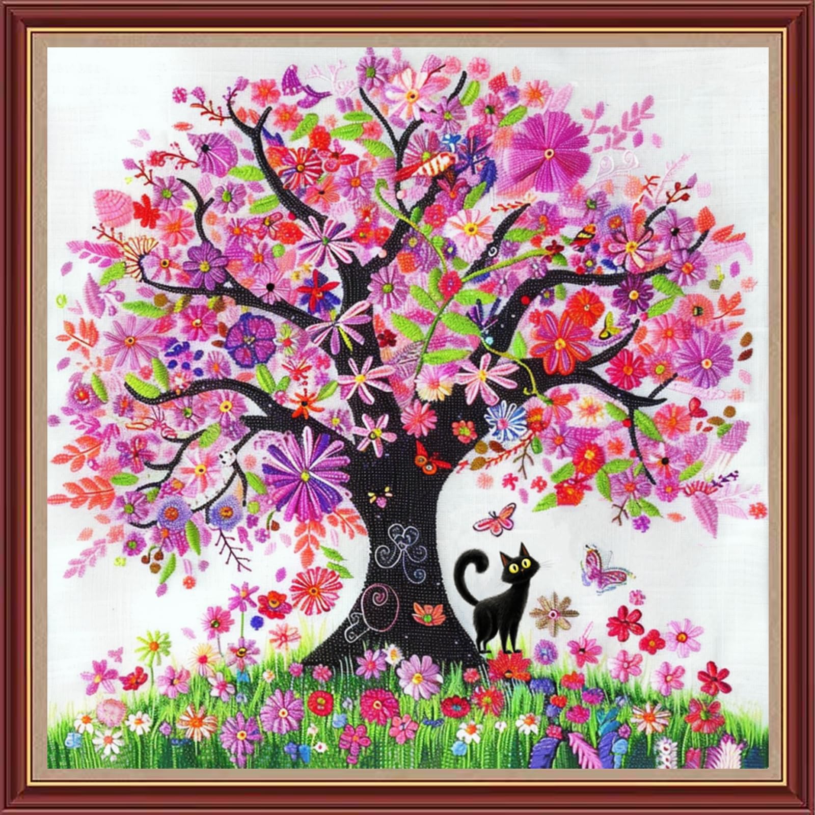 Fanxvivy Stamped Cross Stitch Kits for Beginners Full Range of Cross Stitching Preprinted Embroidery Kits for Adults, 11CT Embroidery Pattern Needlepoint Kits-Colorful Floral cat 18x18 inch