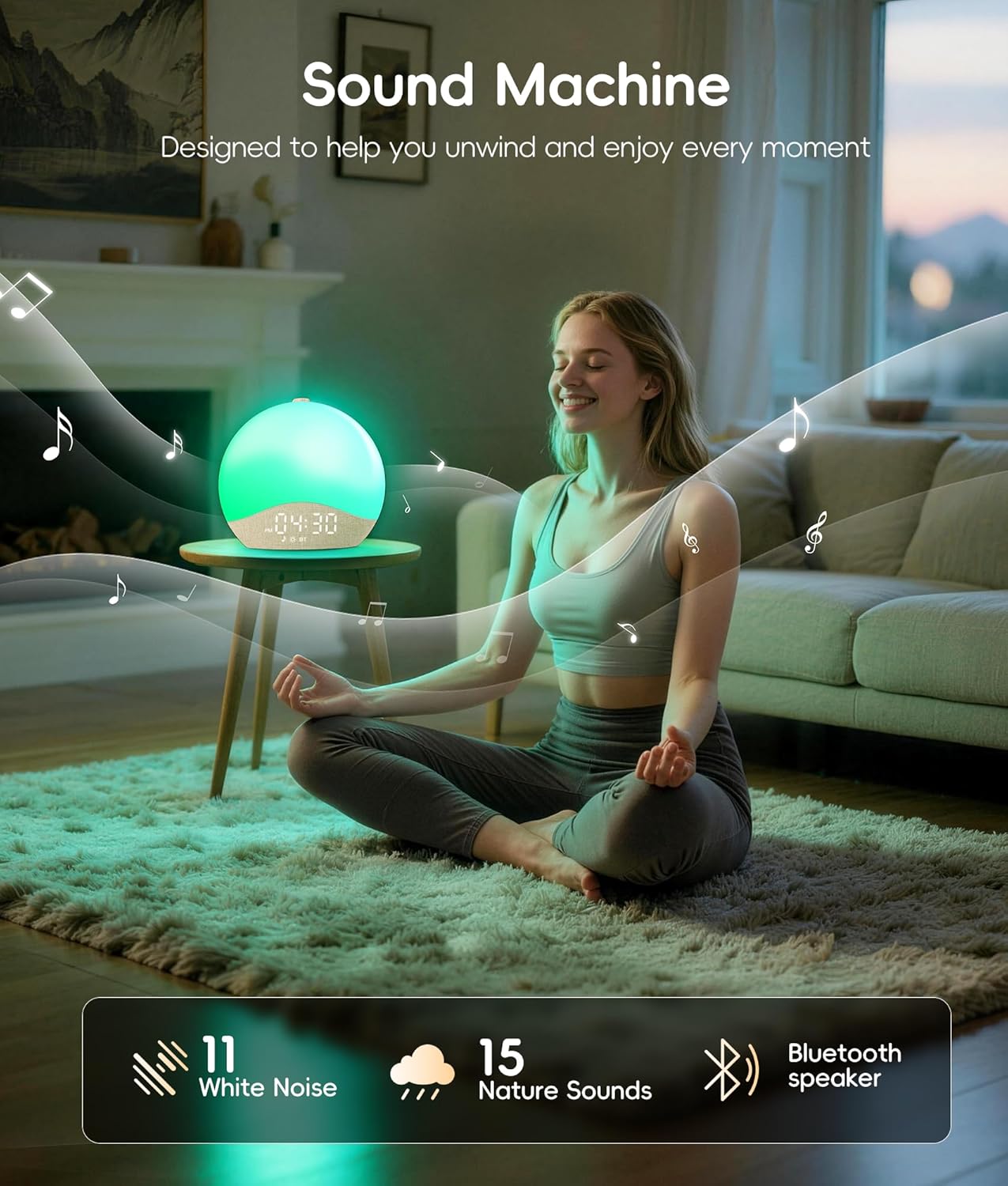 ecozy Sunrise Alarm Clock for Bedroom, White Noise Sound Machine, 26 Soothing Sounds, 17 Night Lights, Bluetooth Speaker, Music-Sync Lights, Wake Up Sunlight for Heavy Sleepers, Adults, Kids - Natural