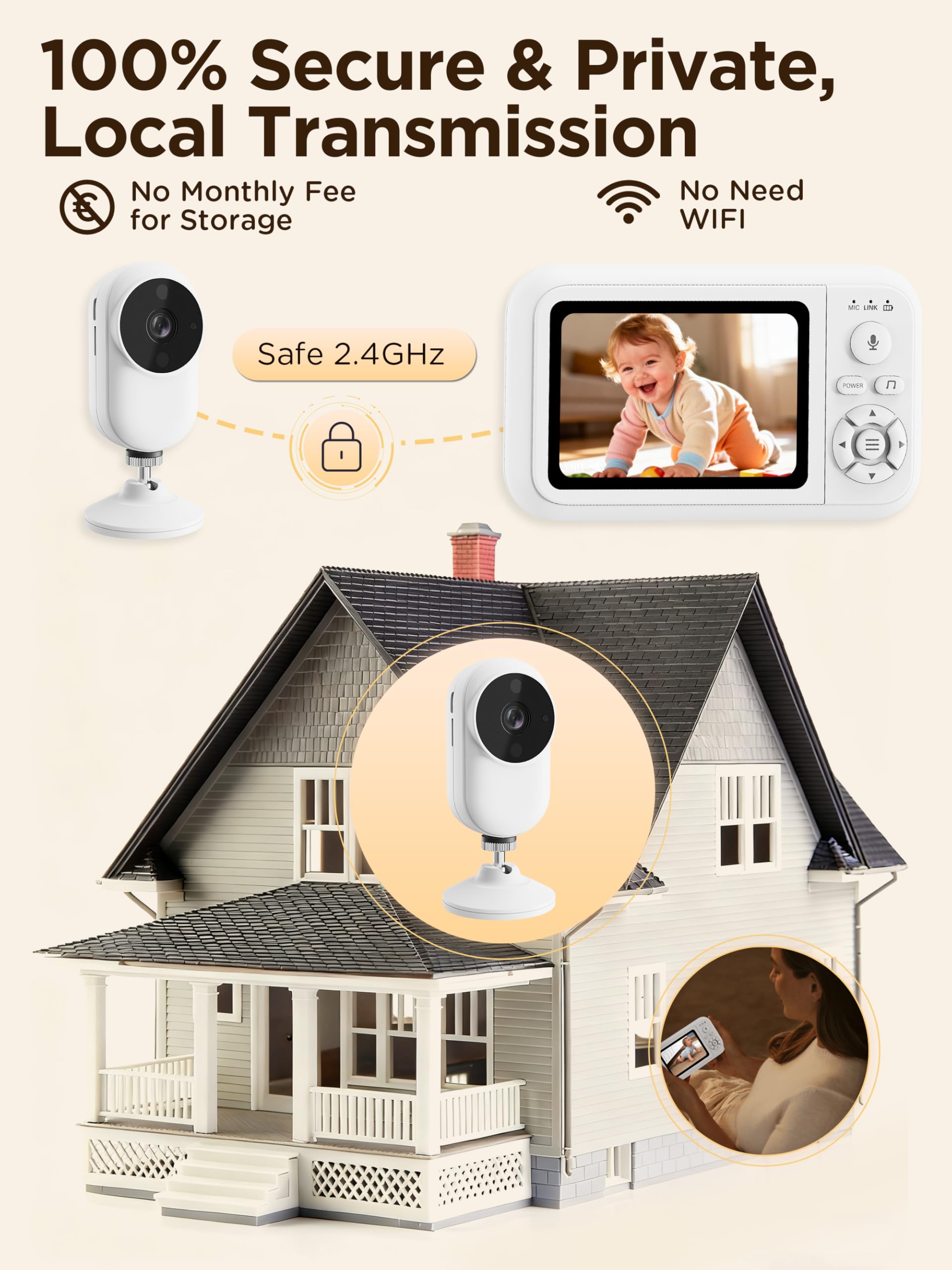 NUOTUN Babyphone Camera avec Clip et Support pour Lit, 1080P Camera Bebe Surveillance sans WiFi, Vision Nocturne （63-UK）