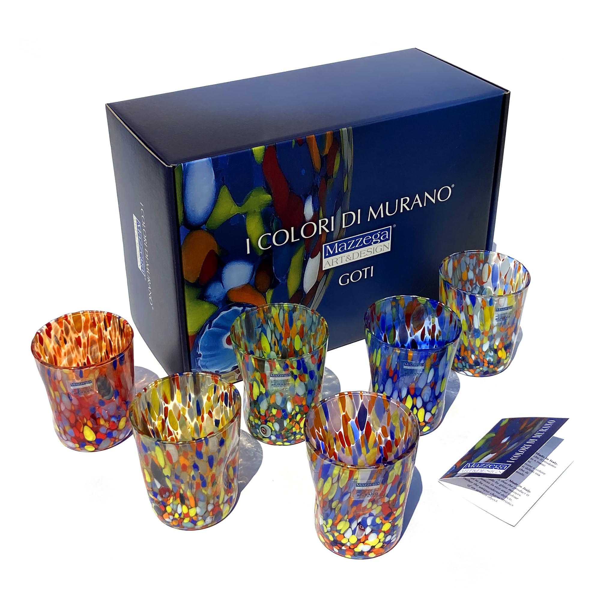 MAZZEGA ART & DESIGN - 6 vasos Goto Tumbler de vidrio soplados y hechos a mano con murrina Murano refinados y originales - Los colores de Murano - Modelo "Tumbler 350 ml. Made in Italy