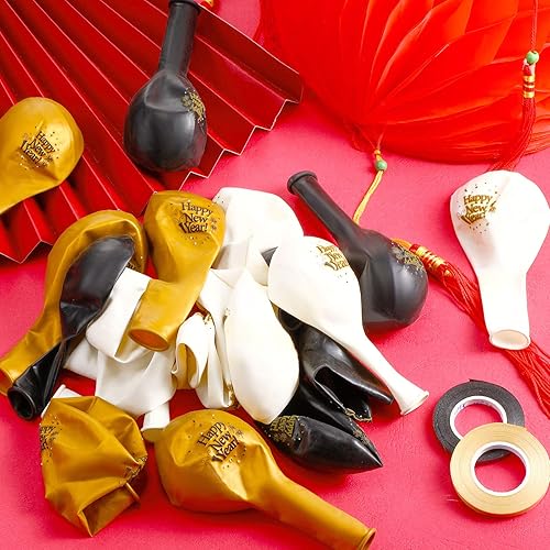 Miniatura 7 de 45 globos de látex de Año Nuevo de 12 pulgadas, globos de látex para fiesta de Año Nuevo, oro blanco, negro, con 2 decoraciones de cinta negra y