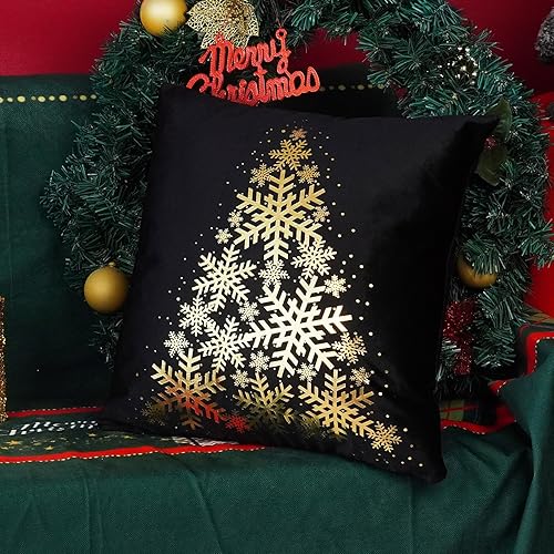 Miniatura 4 de ONWAY Juego de 4 fundas de almohada decorativas de Navidad de 18 x 18 pulgadas, diseño de copos de nieve, renos, decoración dorada para sofá,