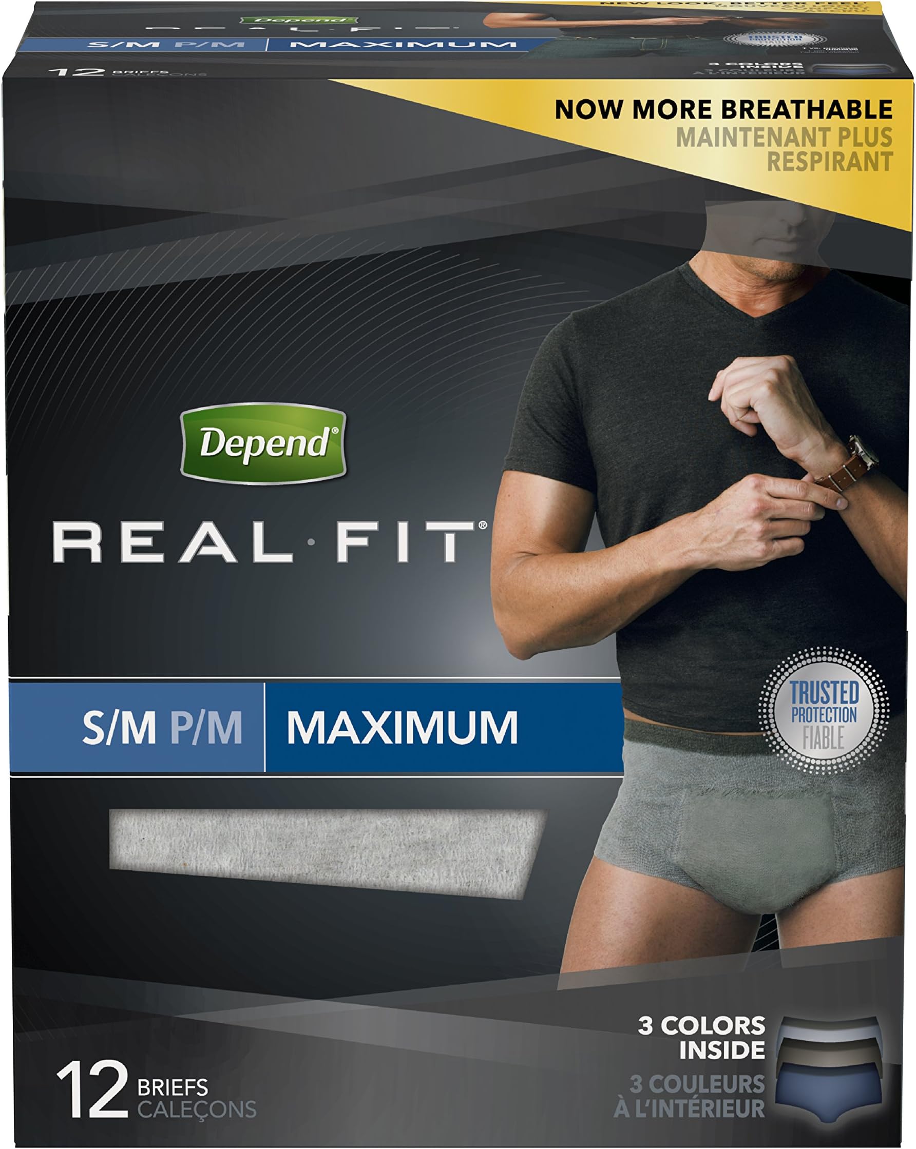 Depend Real Fit Incontinence Underwear for Men, Maximum Absorbency, Disposable, S/M, 48 Pack (4 Packs of 12)