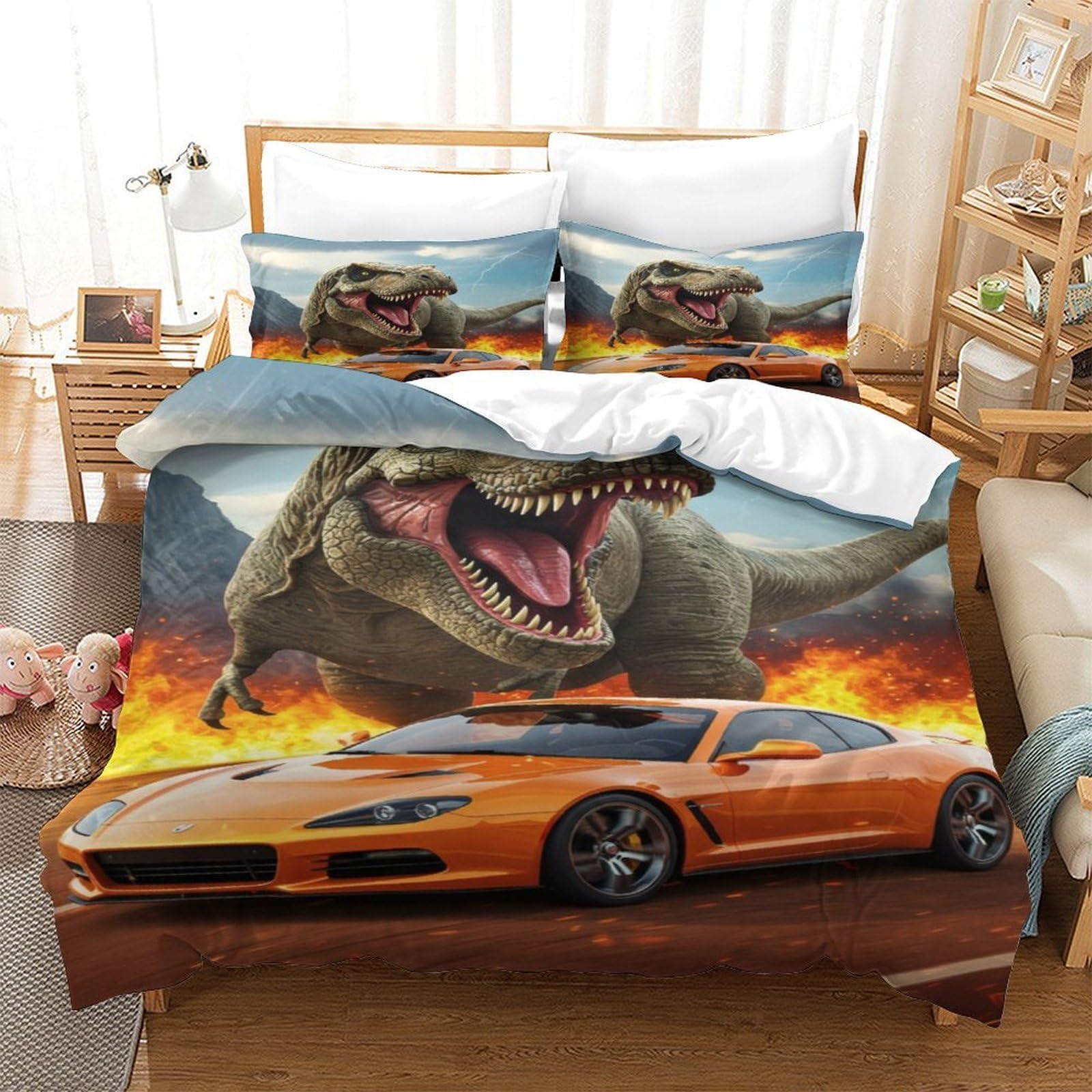 Inseguimento dei dinosauri 3D Stampa Coperteletto 3pz Microfibra Ipollergenica Film d'azione Coperta Letto 2 federe Antimacchia Ragazze Bambini Super king（260x220cm）