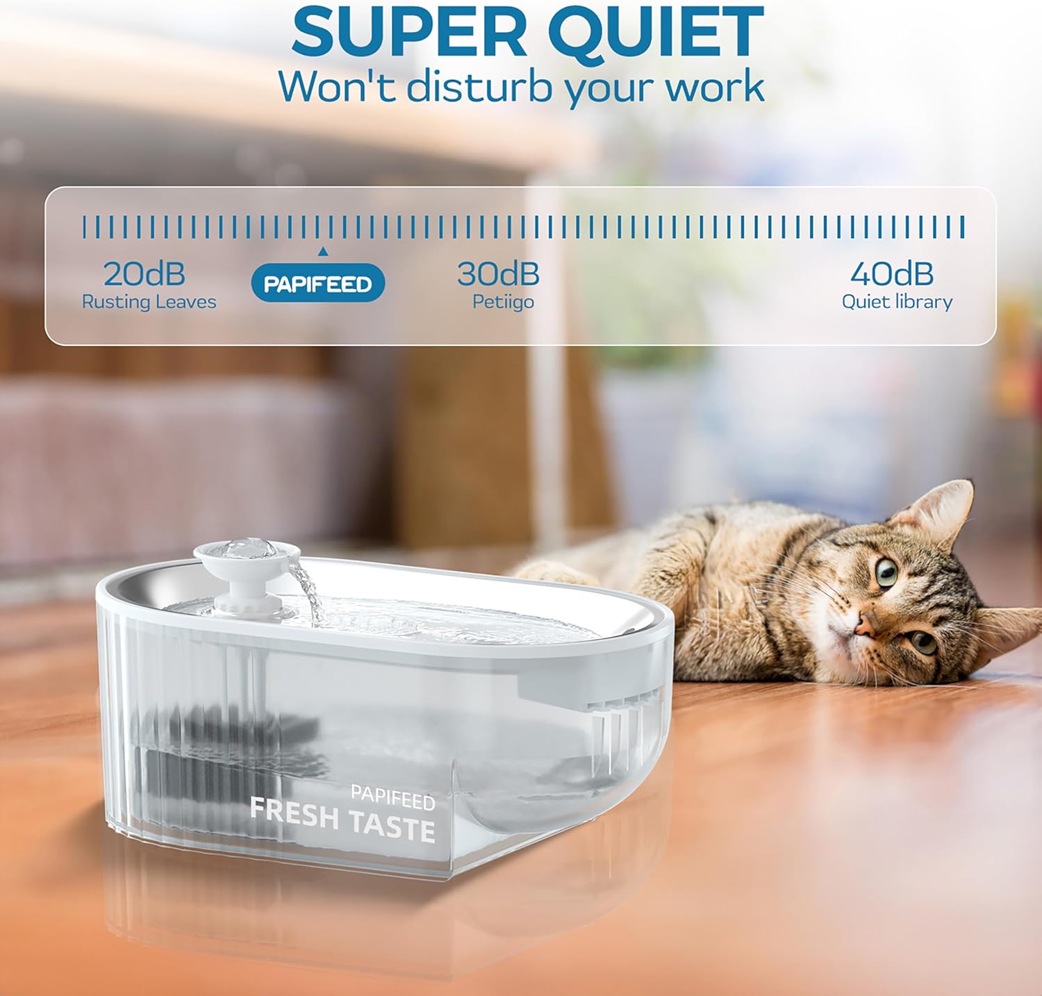 A cat resting peacefully next to the PAPIFEED Cat Water Fountain, illustrating its quiet operation.