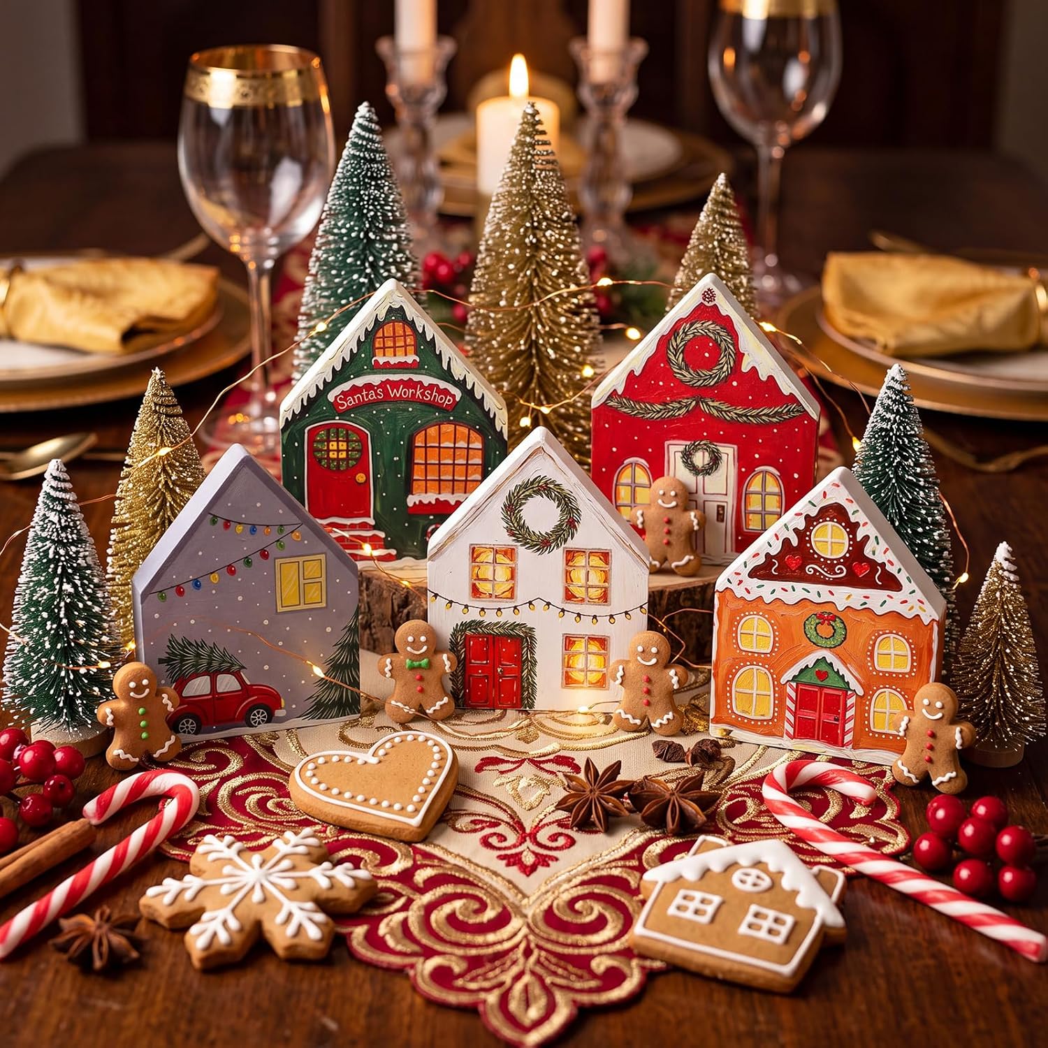 Mifoci 6 Pcs Christmas Gingerbread House Decor Wooden Gingerbread Village