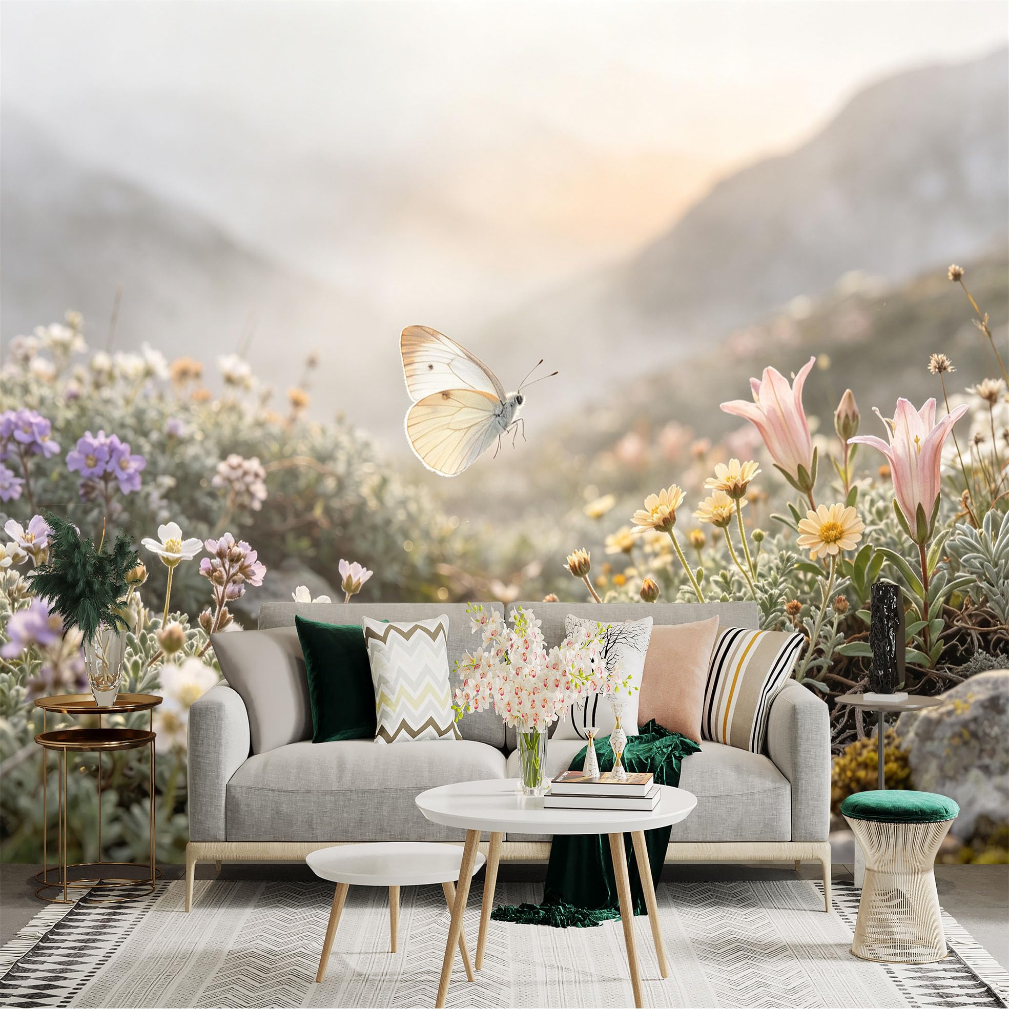Lnzczhyre Bh260719738 Custom Size Wall Sticker Mural， White Butterfly Flying Over Alpine Wildflowers， Sunny Meadow Nature Scene， For Wall Decoration， Peelandstick Wall Decals.