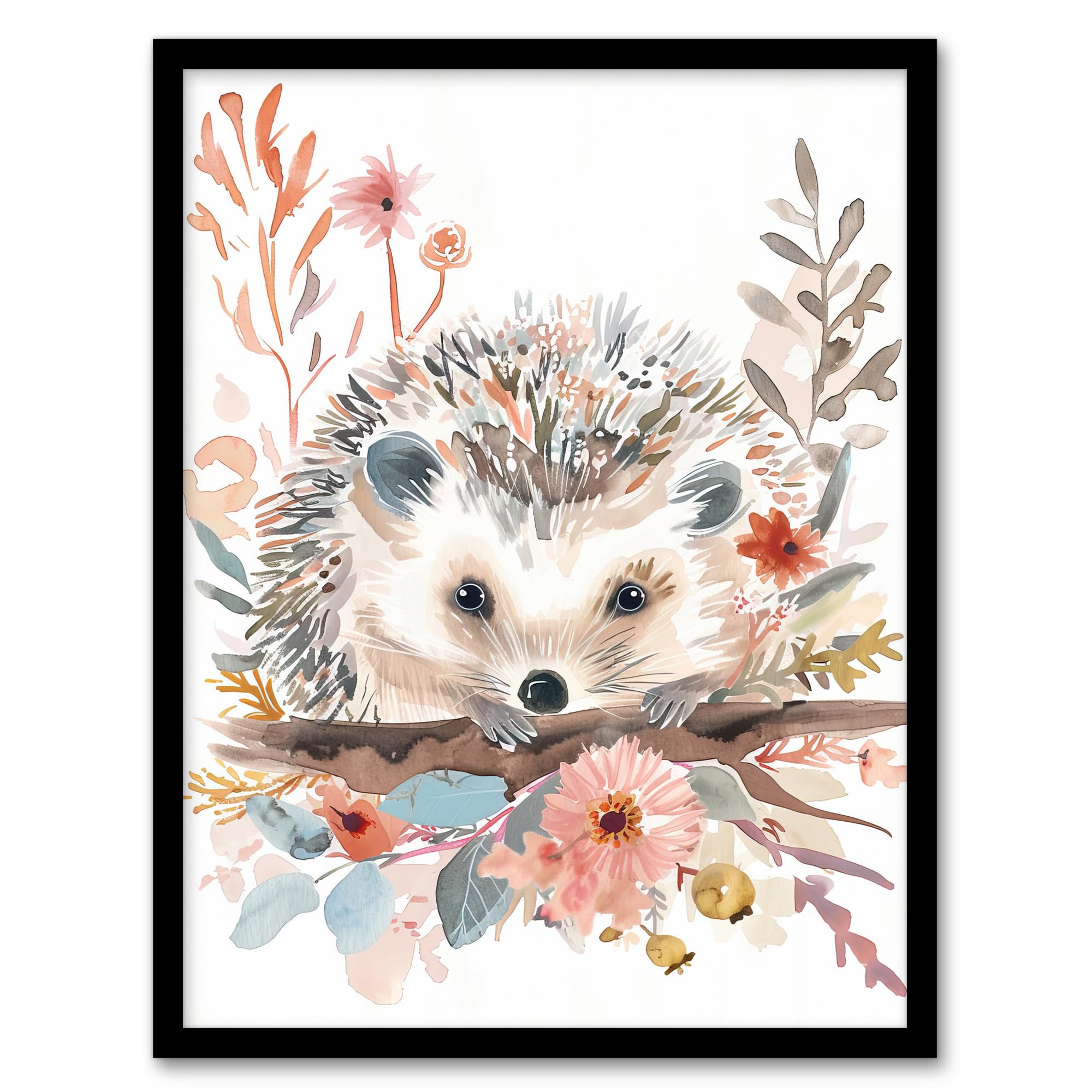 Hedgehog in Wildflowers Framed Art Print - Artery8 - Modern Watercolour Pastel - A4 Size