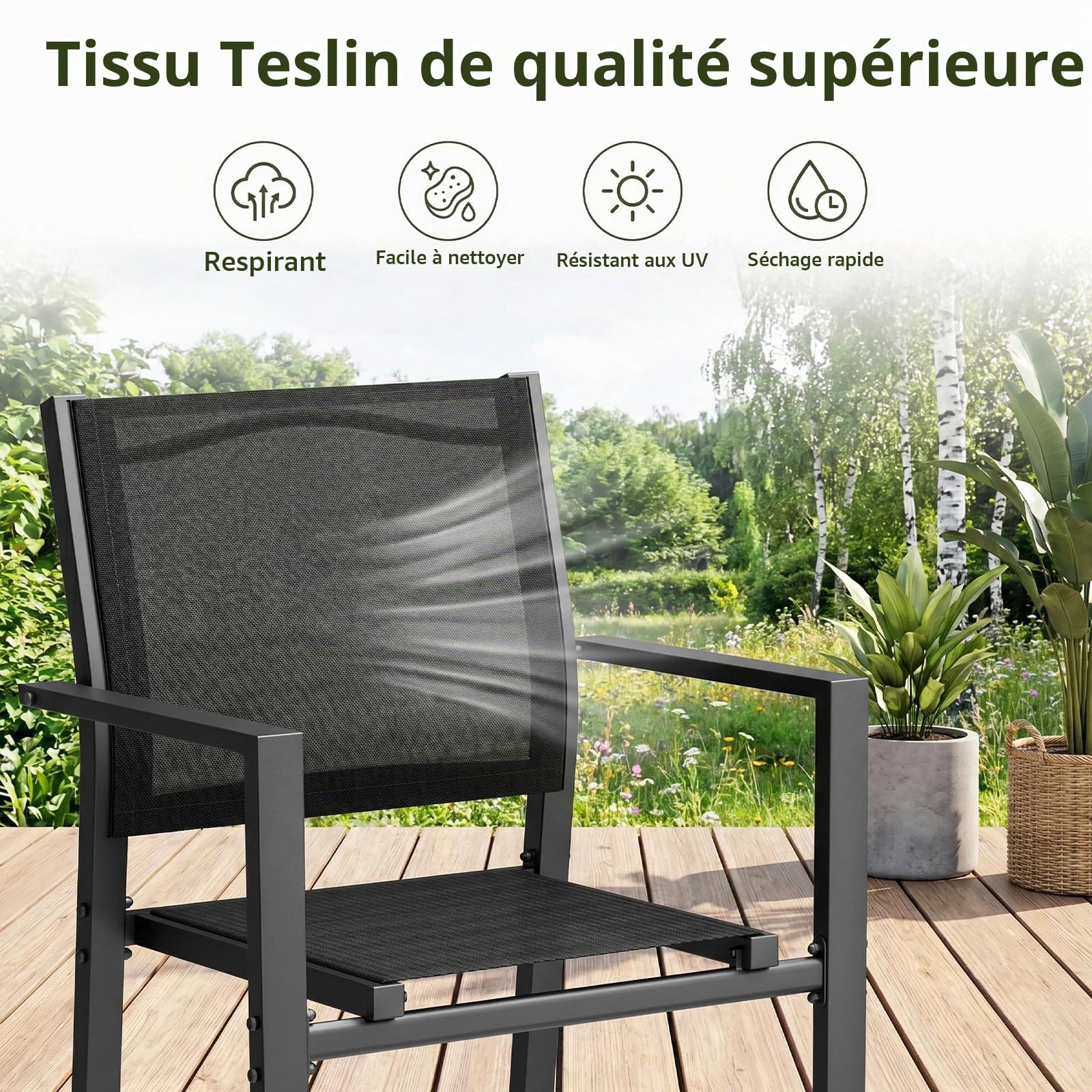 LIFERUN Lot de 4 chaises de Jardin, chaises empilables d'extérieur Respirant avec accoudoirs, Chaise de Salle à Manger en métal et Teslin, pour Jardin, Piscine, terrasse, jusqu'à 120 kg, Noir, 4 PCS