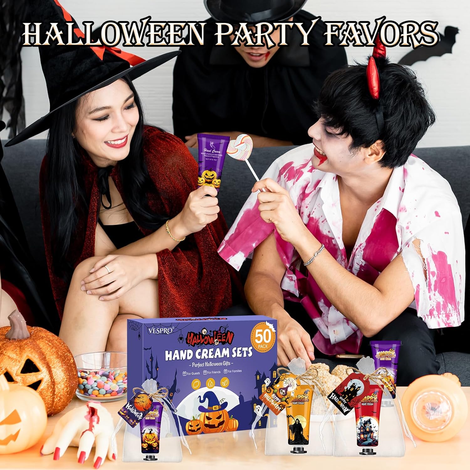 VESPRO 50 Sets Halloween Hand Cream Gift for Women, Hand Lotion for Halloween Party Favors with Halloween Cards and Organza Bags, Halloween Decorations and Bulk Halloween Gifts for Women
