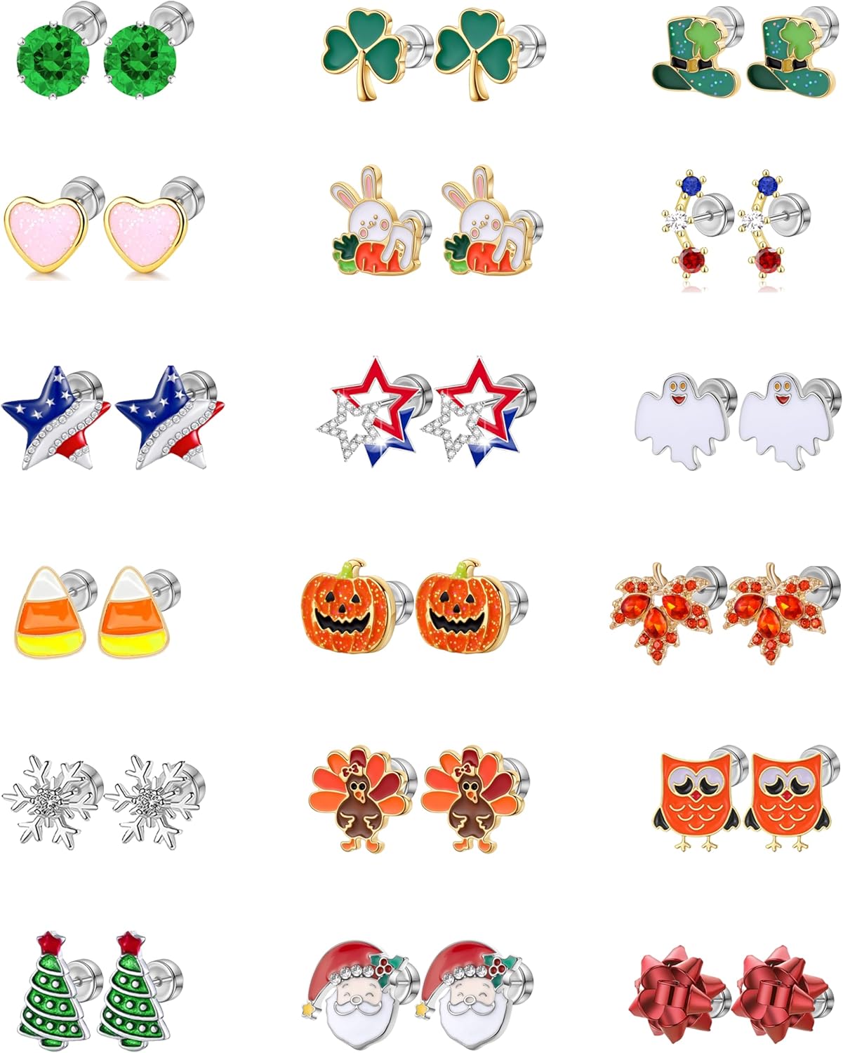 18 Pairs Hypoallergenic Flat Back Holiday Earrings Set for Girls Women Valentine's Day St Patricks Day Easter 4th of July Stud Earrings Halloween Christmas Fall Thanksgiving Screw Back Earrings Jewelry