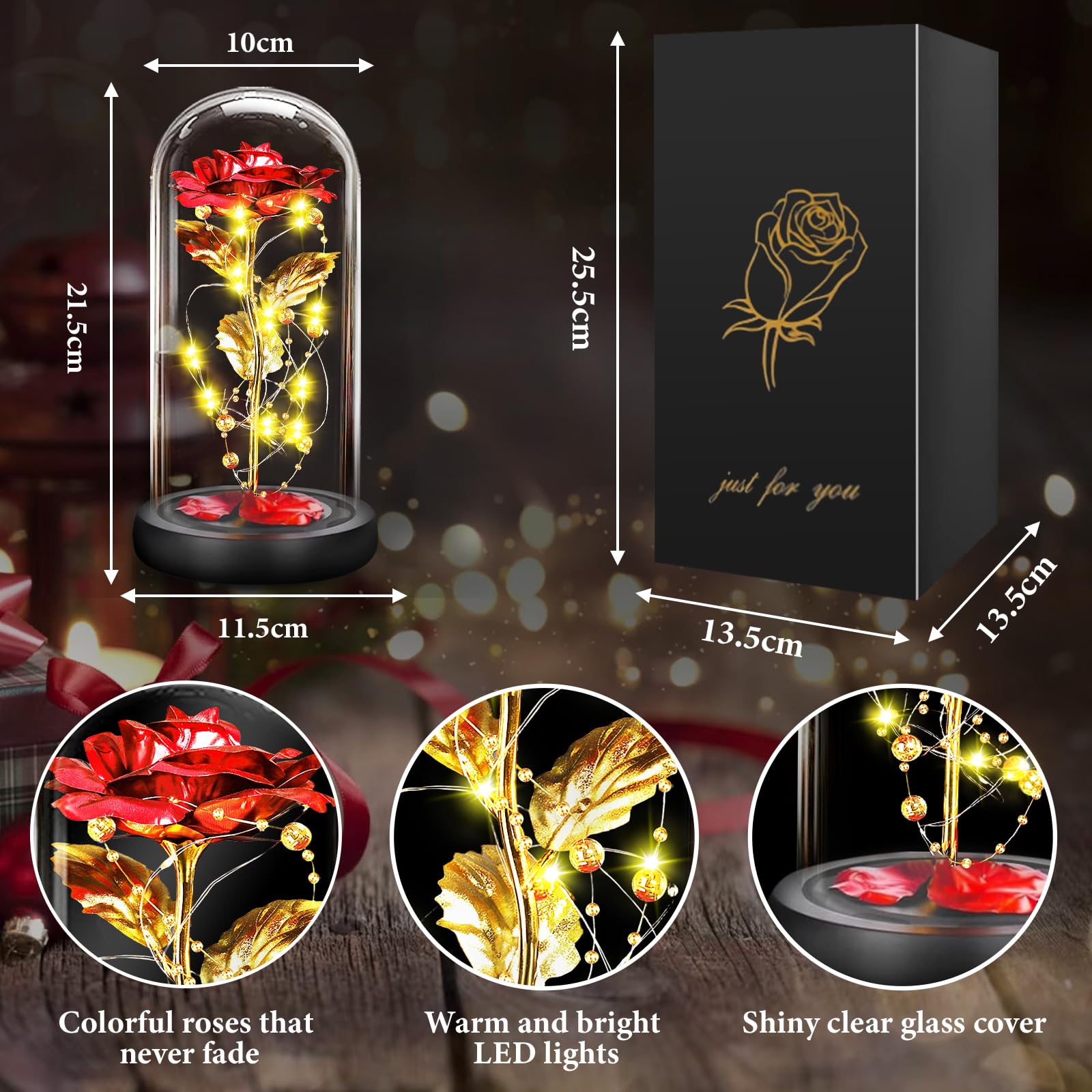 BOLEi Rosa eterna para Ella, Rosa de la Bella y la Bestia, Rosa eterna en Cristal con LED, Boda para Ella, Regalos de cumpleaños para Ella, Regalo de Rosa preservada para Ella, mamá, Abuela - 3