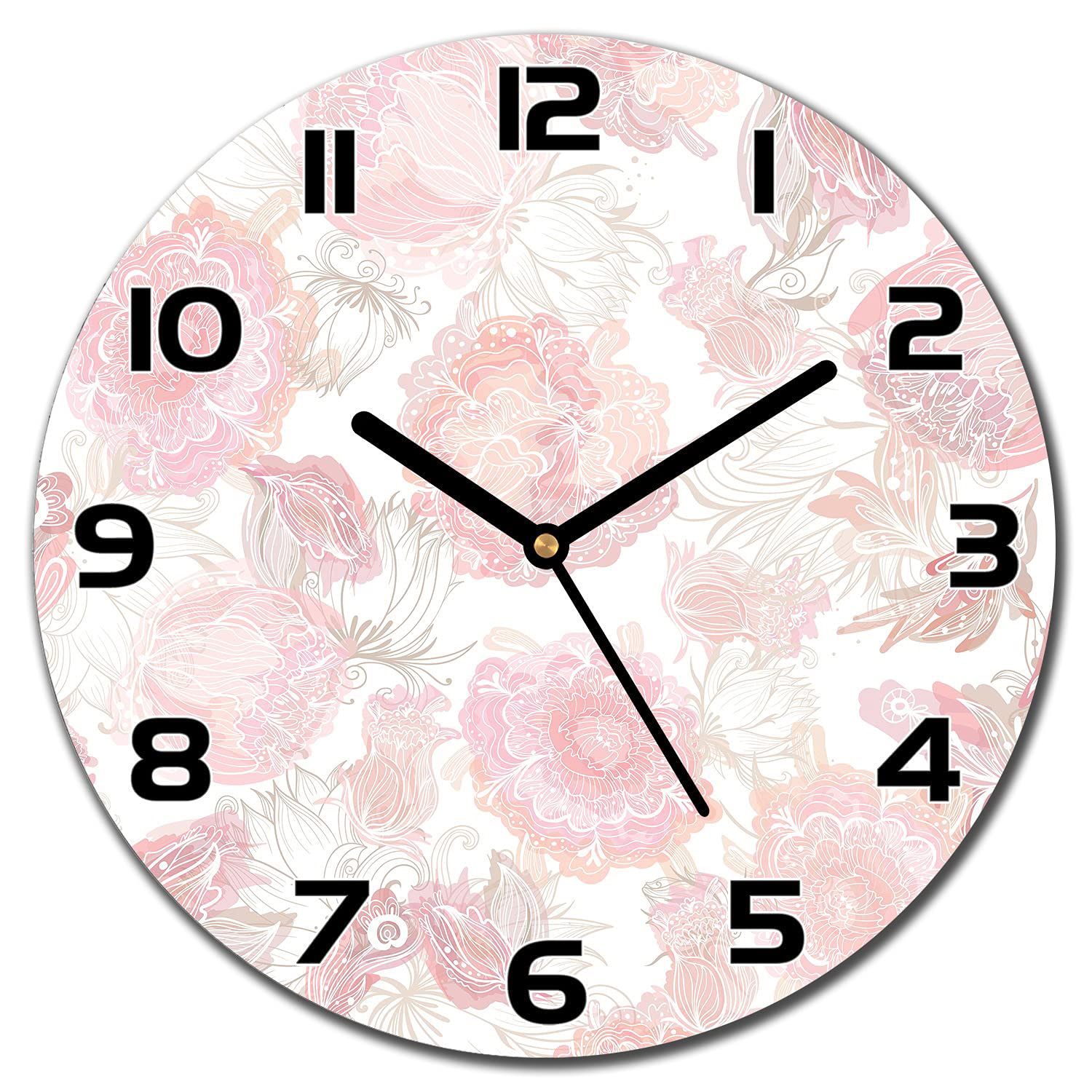 Horloge en verre floral romantique avec aiguilles noires contrastées