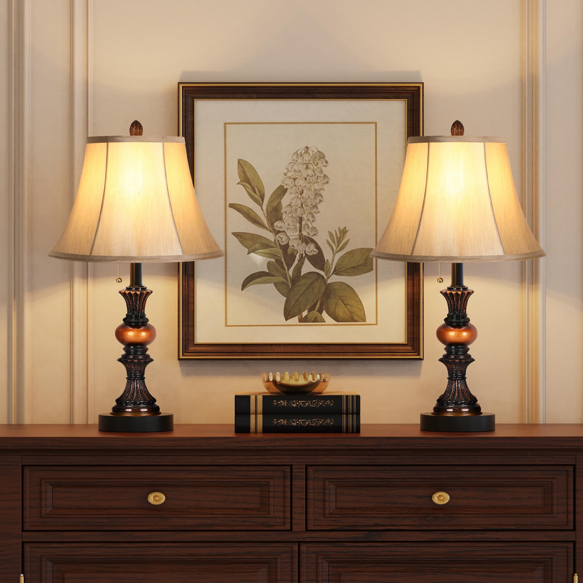 Traditional Table Lamp Set of 2, Classic Bedside Lamps Nightstand Lamps with 3-Color Temperature LED Bulbs, Vintage Bronze Desk Lamps with Faux Silk Shade for Living Room Bedroom, Pull Chain Switch