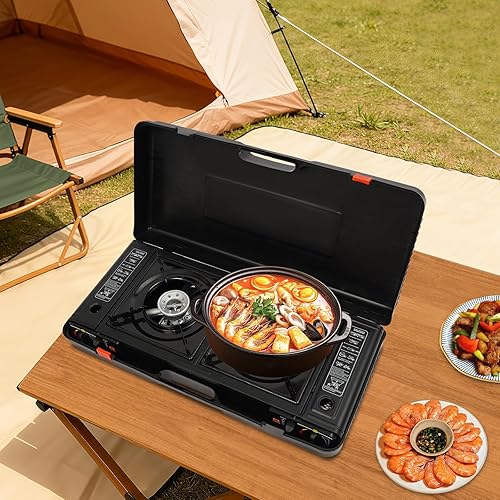 Miniatura 6 de Estufa de campamento de 2 quemadores, estufa de campamento con bandeja para hornear y estuche portátil, estufa de campamento de butano y estufas de