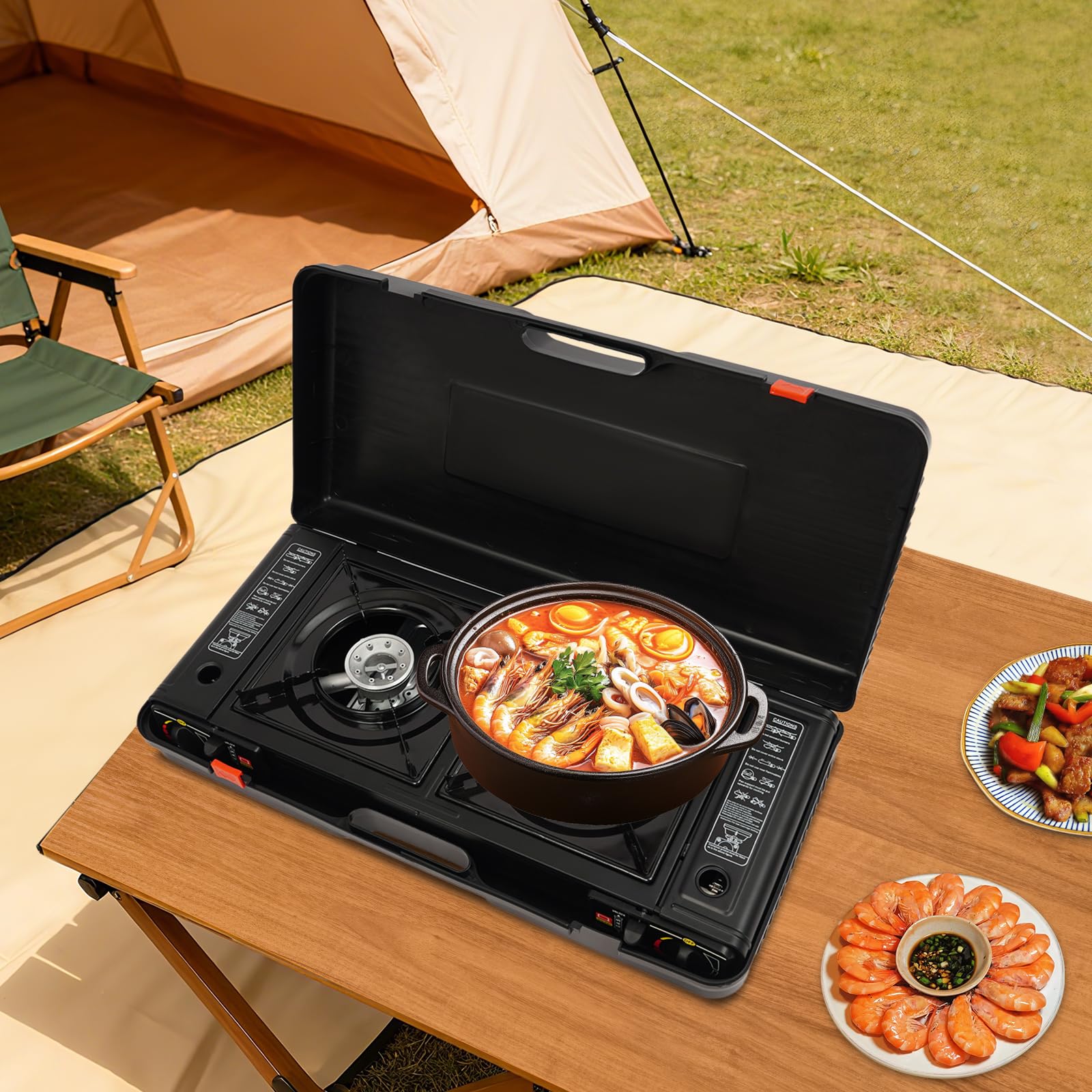 Fornello da campeggio a 2 fuochi con teglia da forno e borsa, fornello a gas portatile per campeggio e interni, fornello a gas per bombola a gas da campeggio