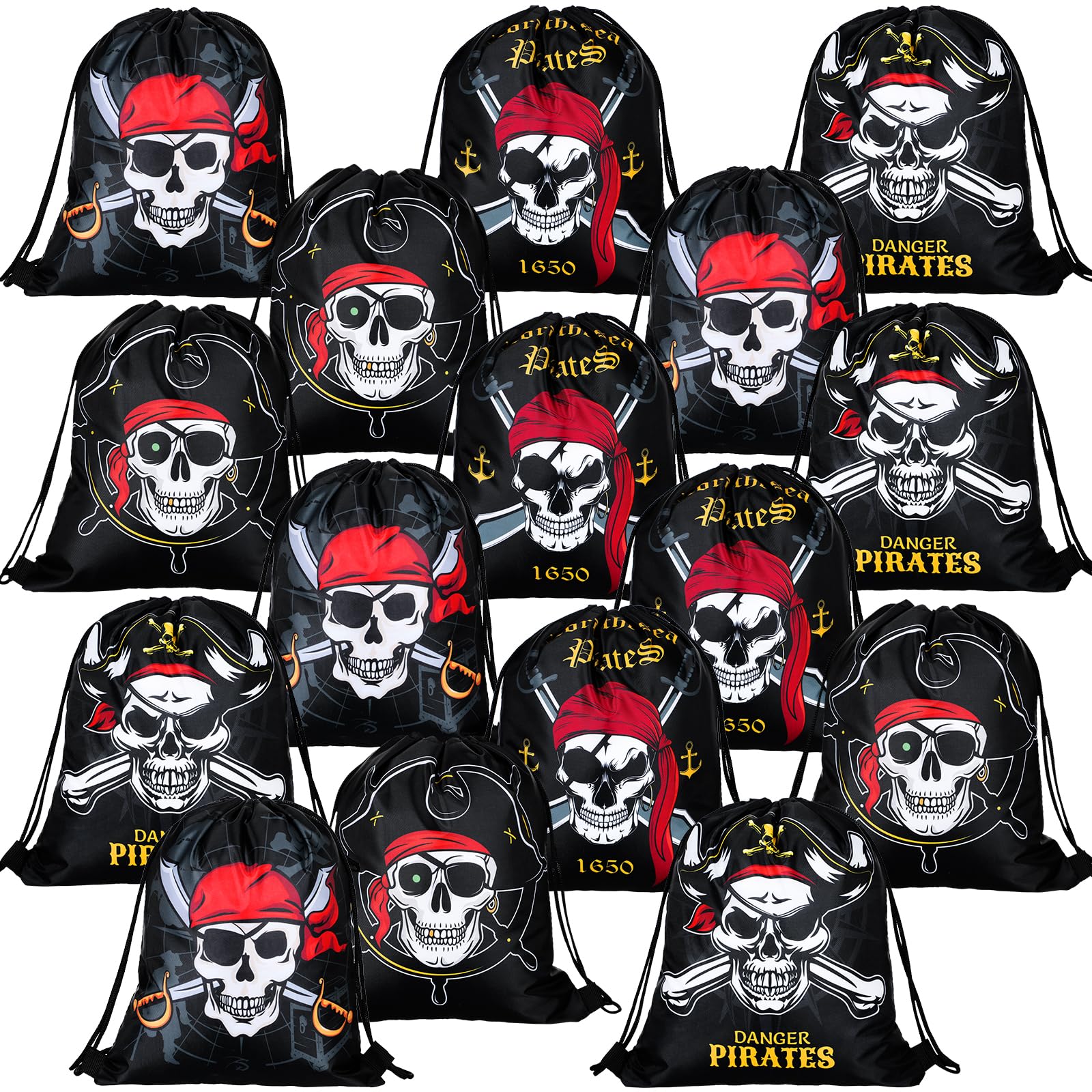 Kacctyen 24 Pcs Pirate Party Favor Goody Candy Treat Bags Halloween Pirate Captain Skull Gift Drawstring Bags for Boys Girls Adventure Themed Birthday