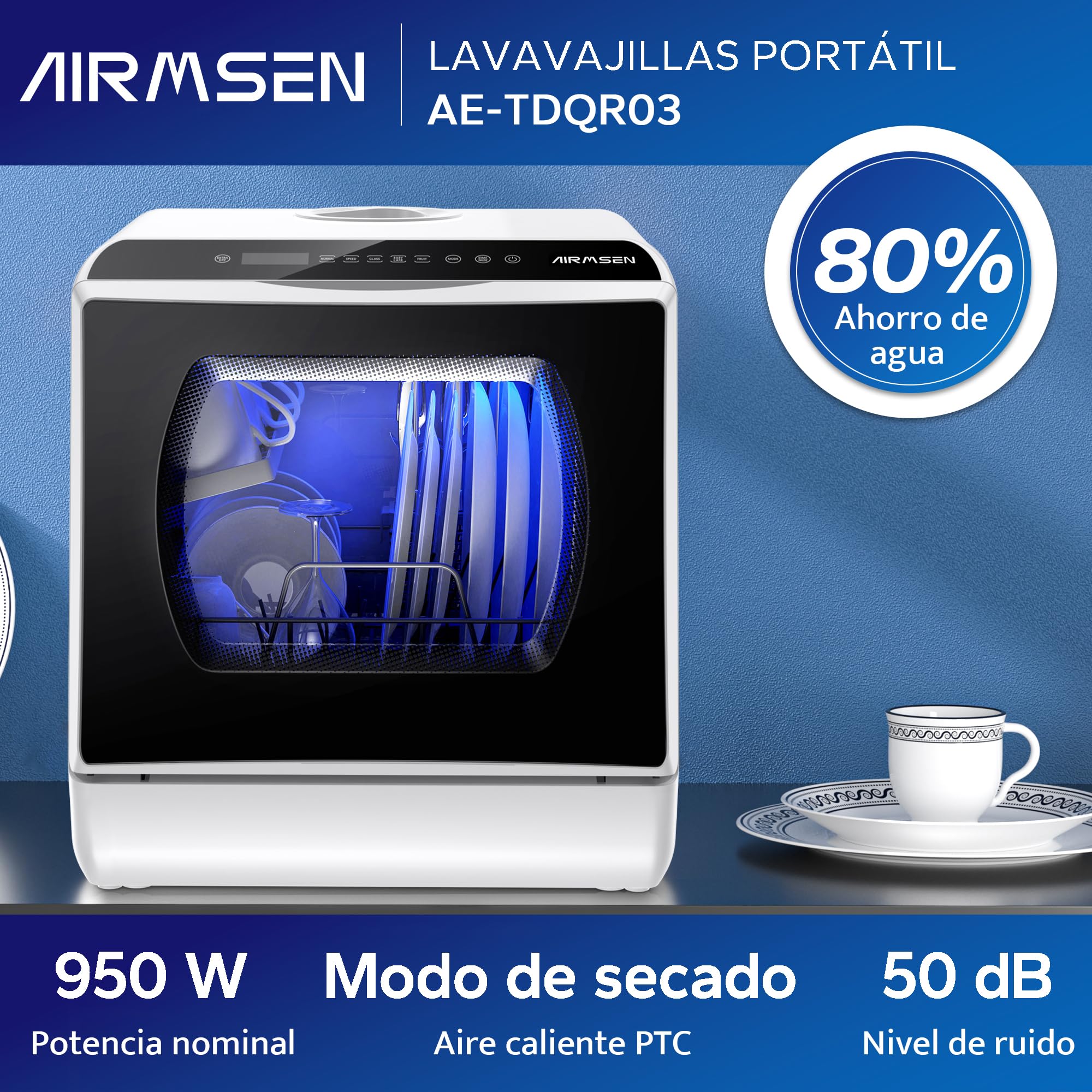 AIRMSEN Mini Lavavajillas de Sobremesa con 5+1 Programas, Depósito de 5 Litros, 2 Formas de Suministro de Agua, Control Táctil y Pantalla LED, Ideal para Cocinas Familiares, Apartamentos y Dormitorios
